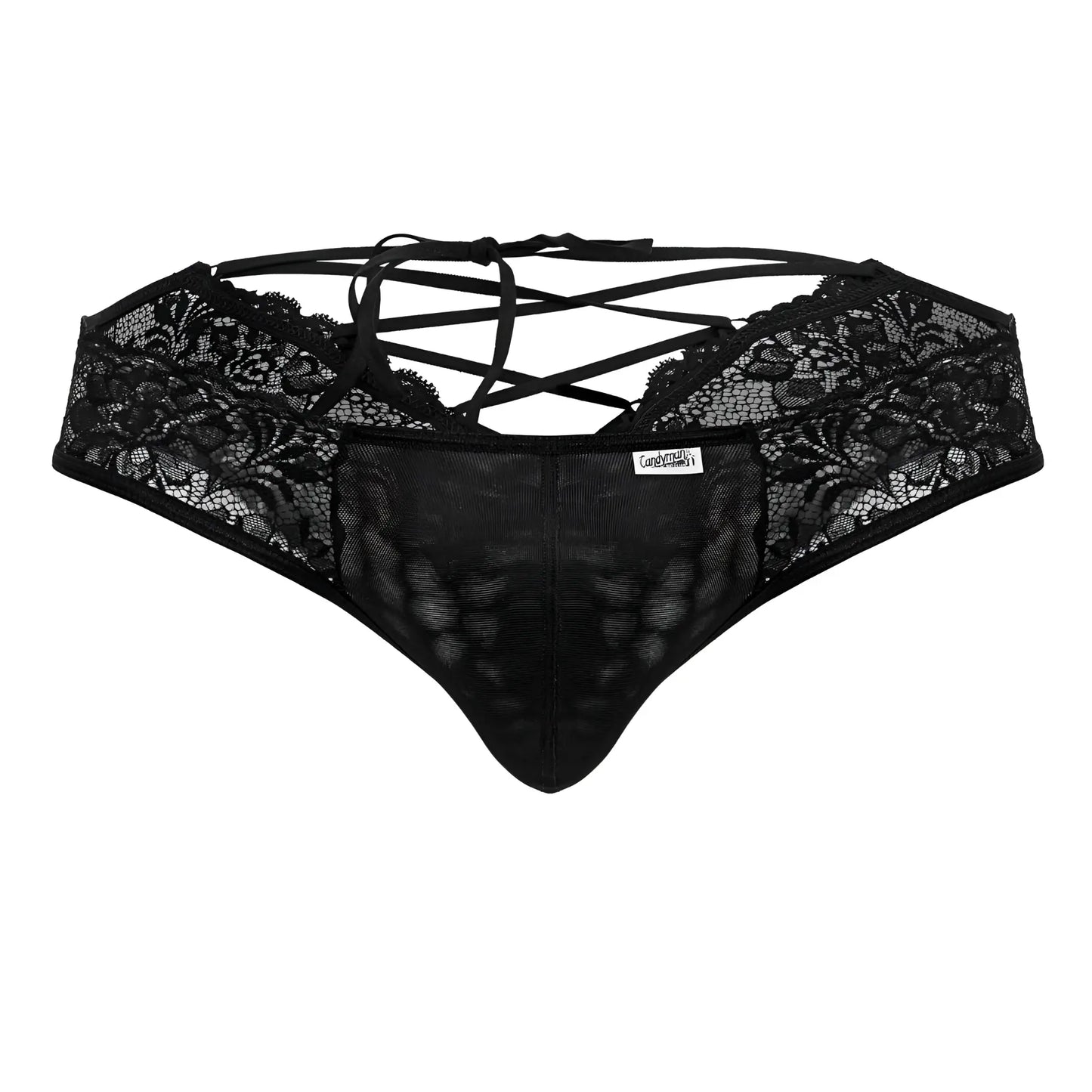 Black lace thong CandyMan 99784 with crisscross back ties and a mesh front panel in black