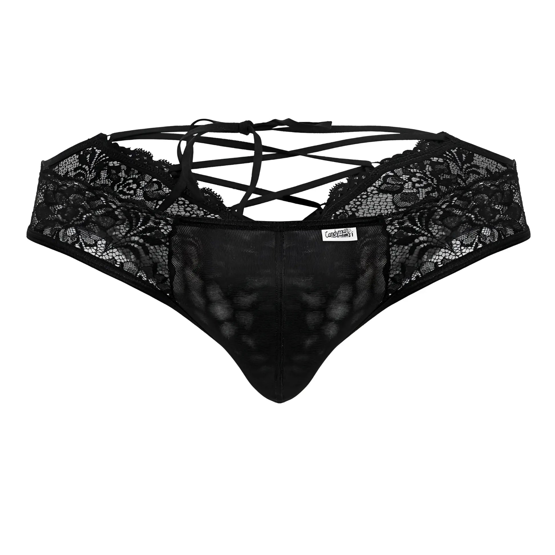 Black lace thong CandyMan 99784 with crisscross back ties and a mesh front panel in black