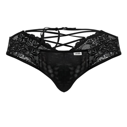 Black lace thong CandyMan 99784 with crisscross back ties and a mesh front panel in black