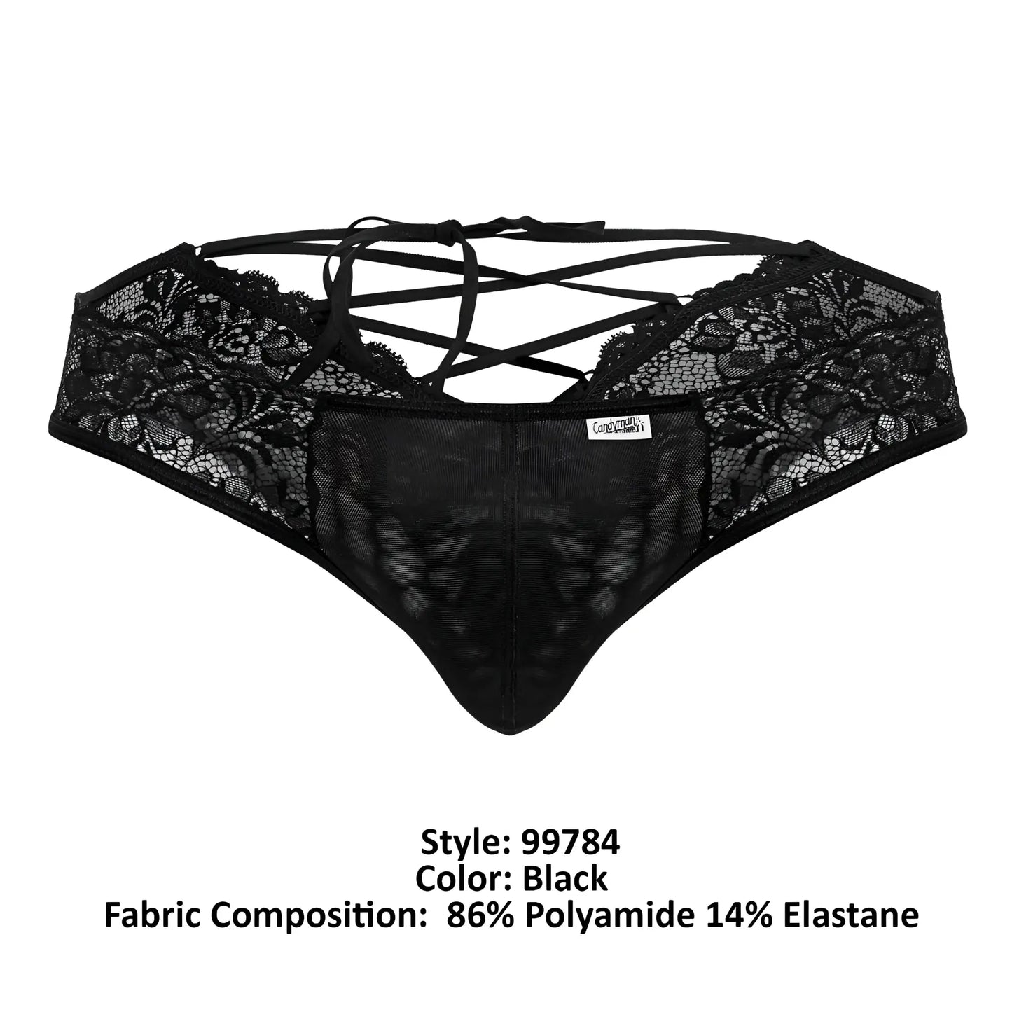 Black lace thong candyMan 99784 with crisscross back ties and mesh panel shown from the back side