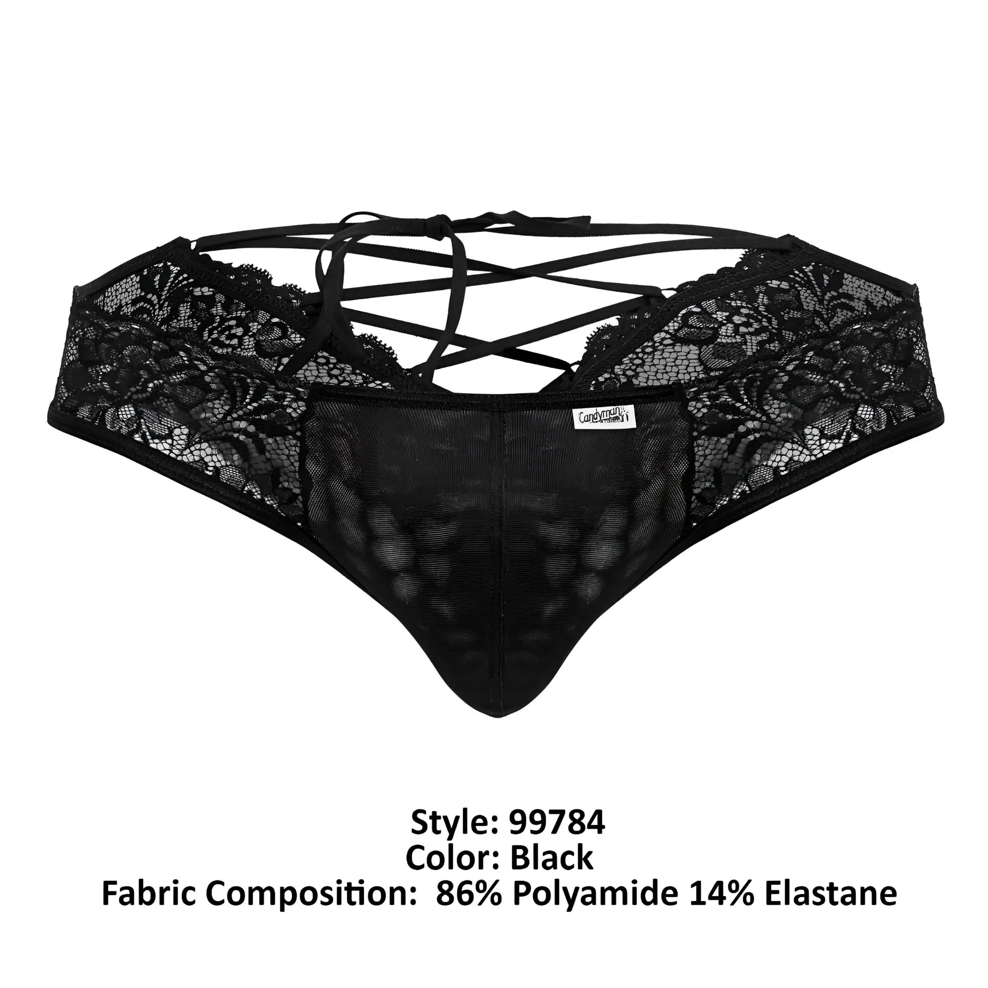 Black lace thong candyMan 99784 with crisscross back ties and mesh panel shown from the back side
