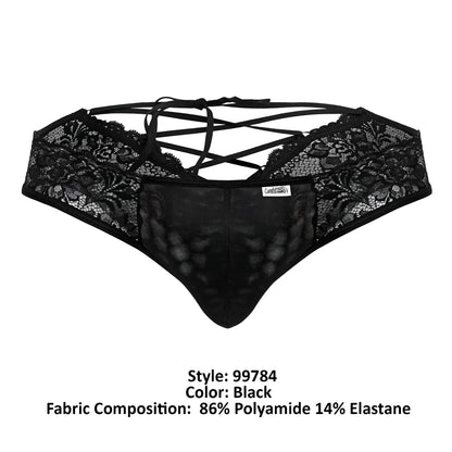 Black lace thong candyMan 99784 with crisscross back ties and mesh panel shown from the back side