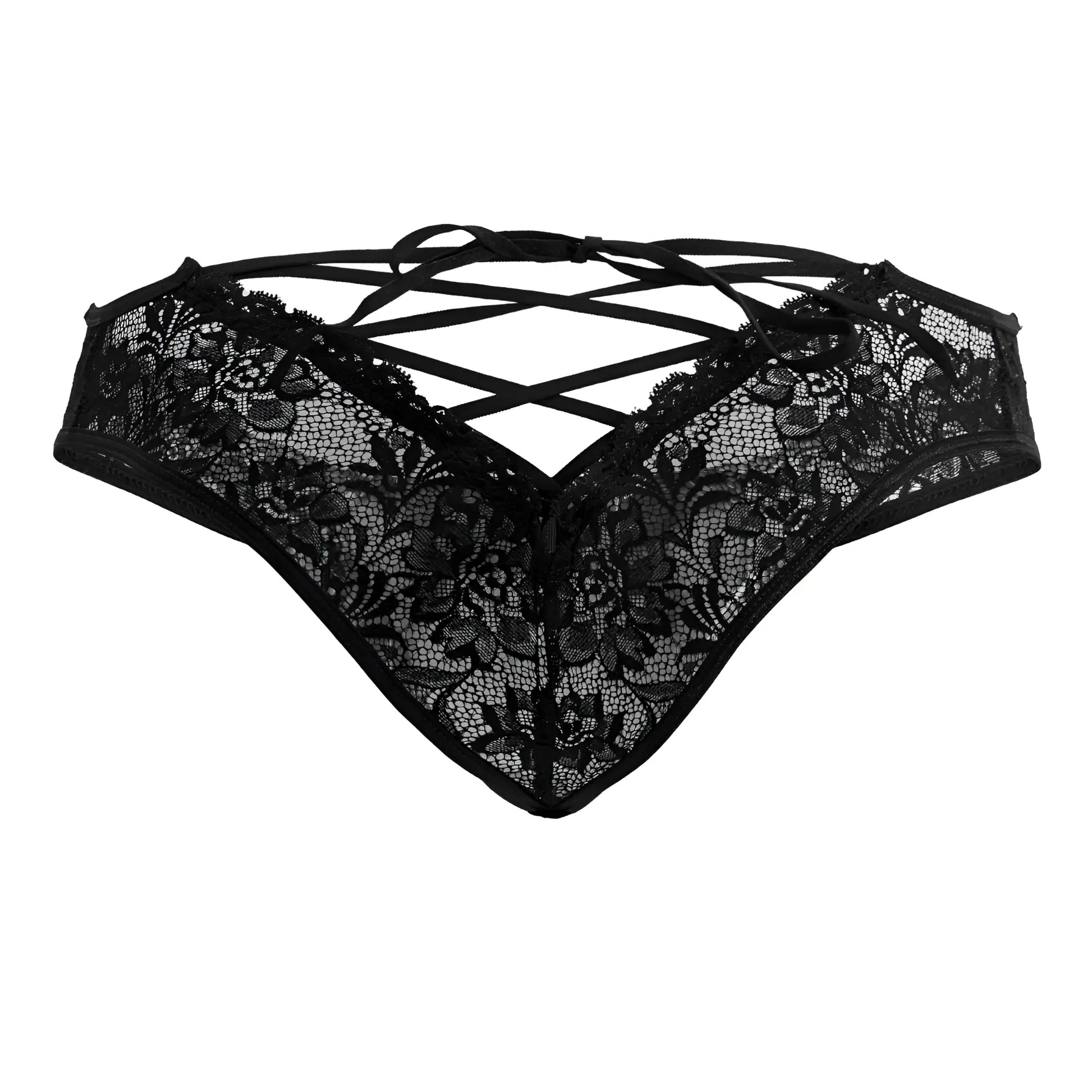 CandyMan 99784 black lace thong with intricate floral patterns and crisscrossing straps shown from the back side