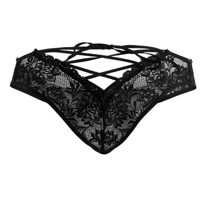 CandyMan 99784 black lace thong with intricate floral patterns and crisscrossing straps shown from the back side