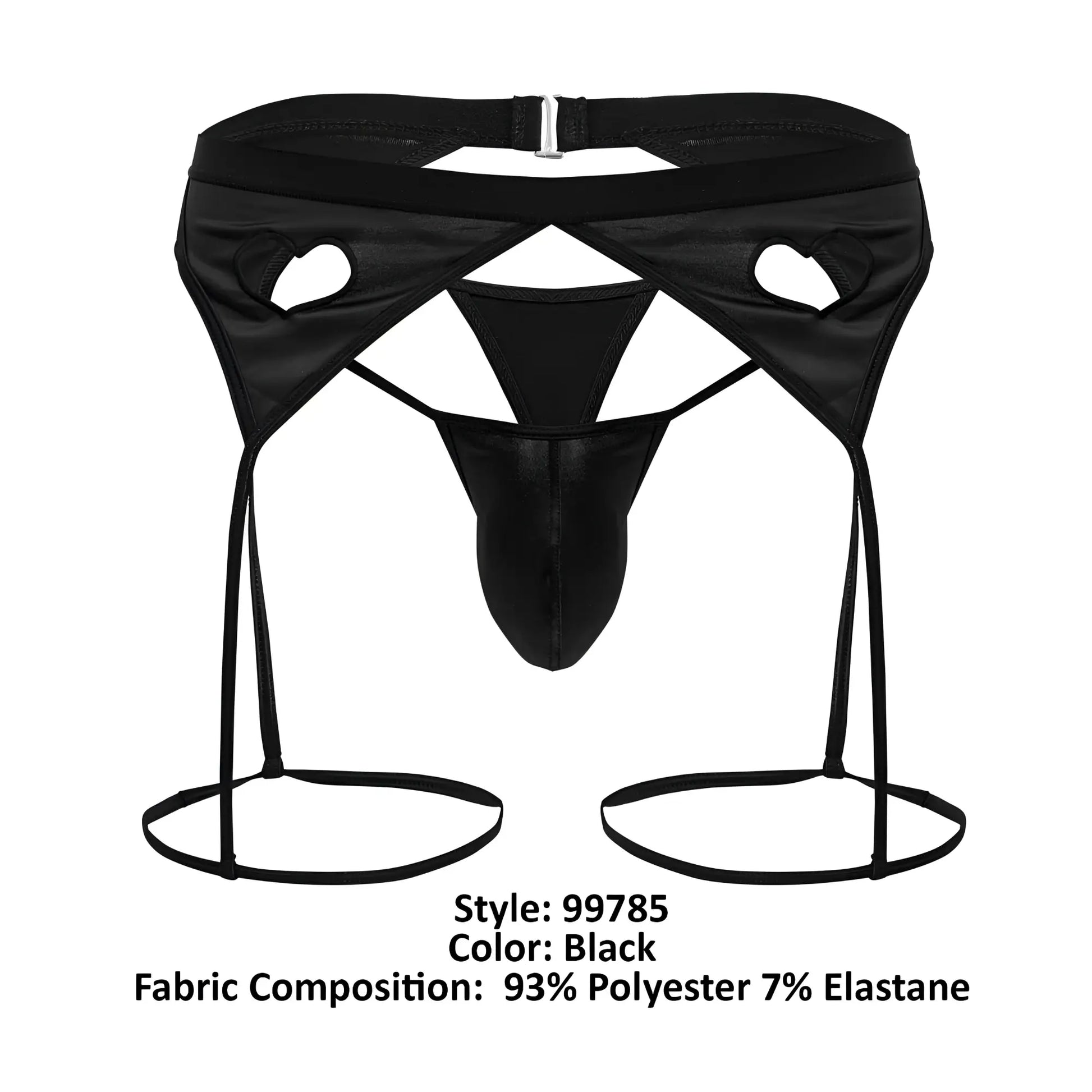 Black mens thong high waisted cut out design with adjustable leg straps candyMan 99785 garter outfit black back view