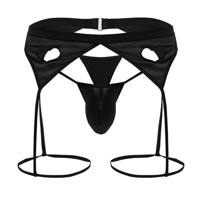 Black satin men’s garter belt with heart-shaped cutouts and adjustable straps candy man 99785 garter outfit