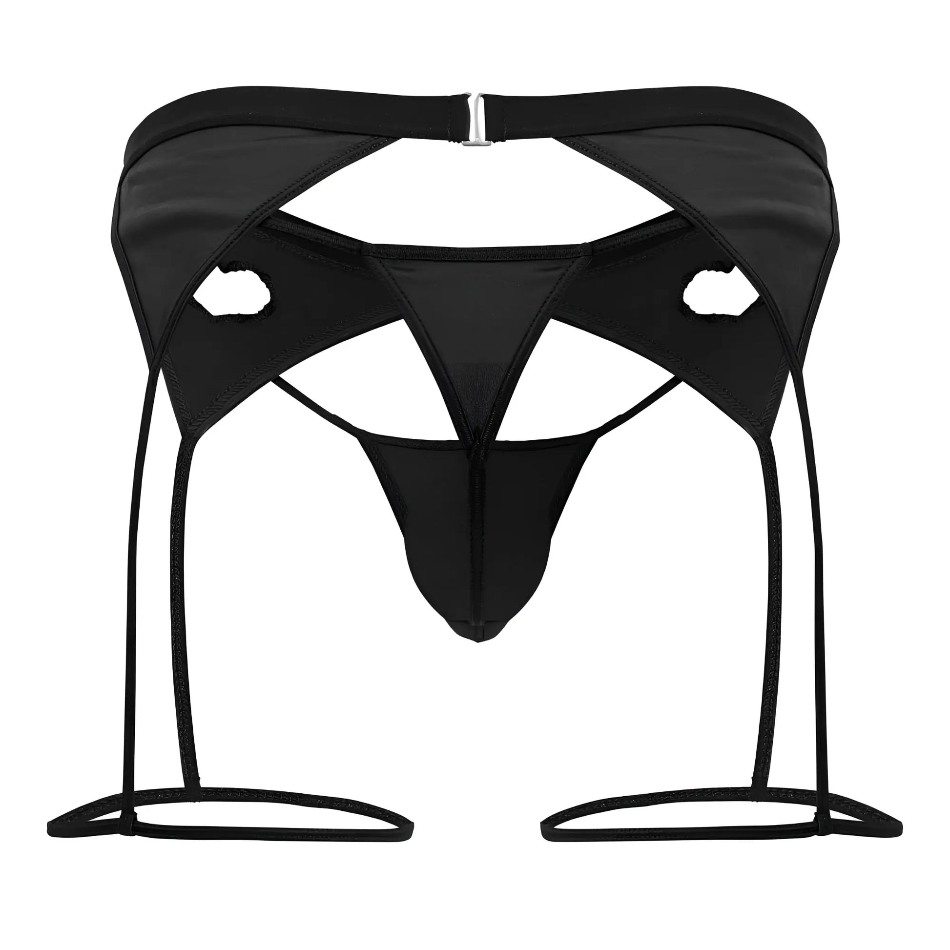 Black satin thong with garter straps and silver buckle from candyman 99785 garter outfit in black
