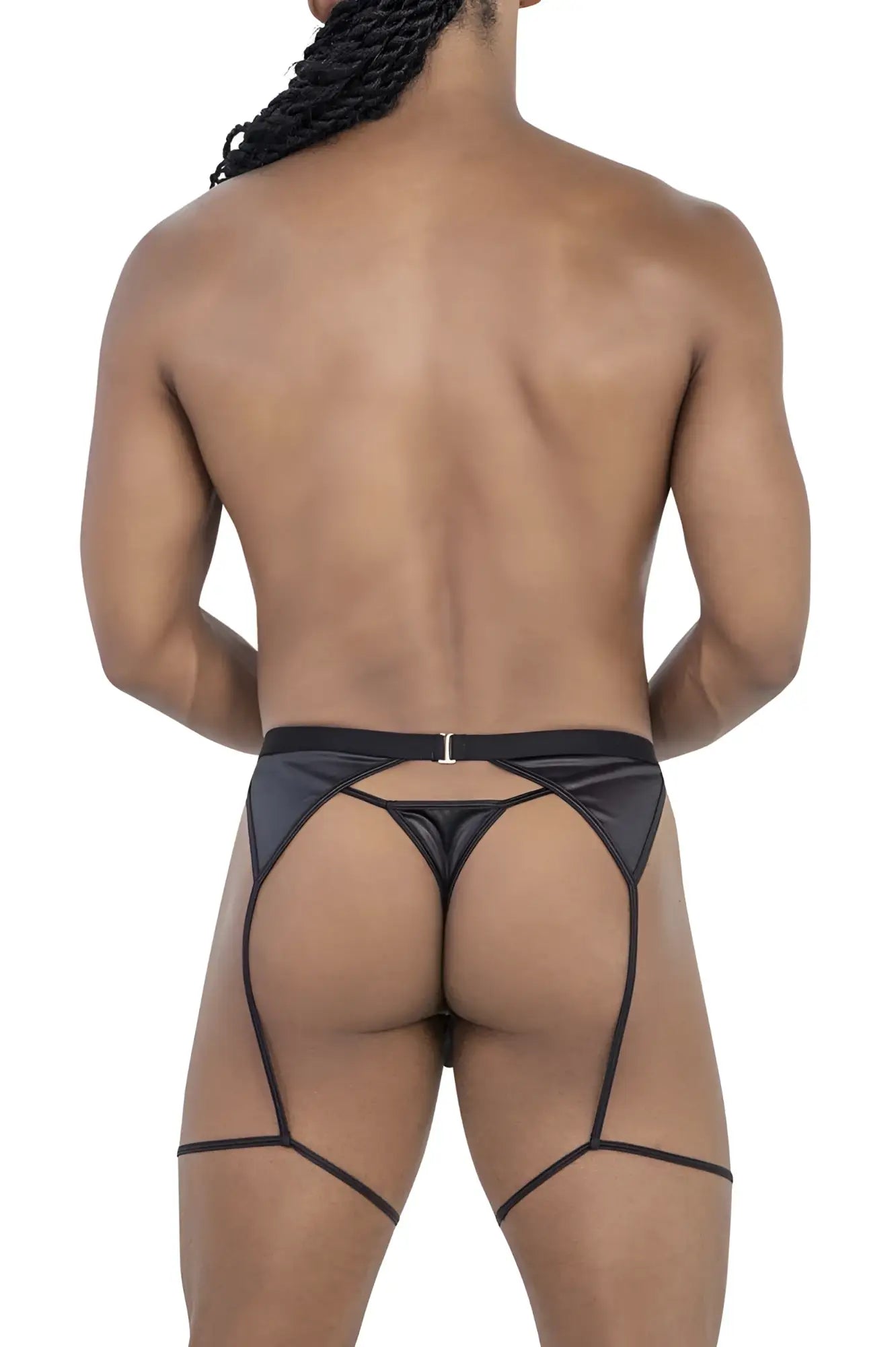 Black sheer mesh thong with metallic clasp and geometric straps from candyman 99785 garter outfit in black