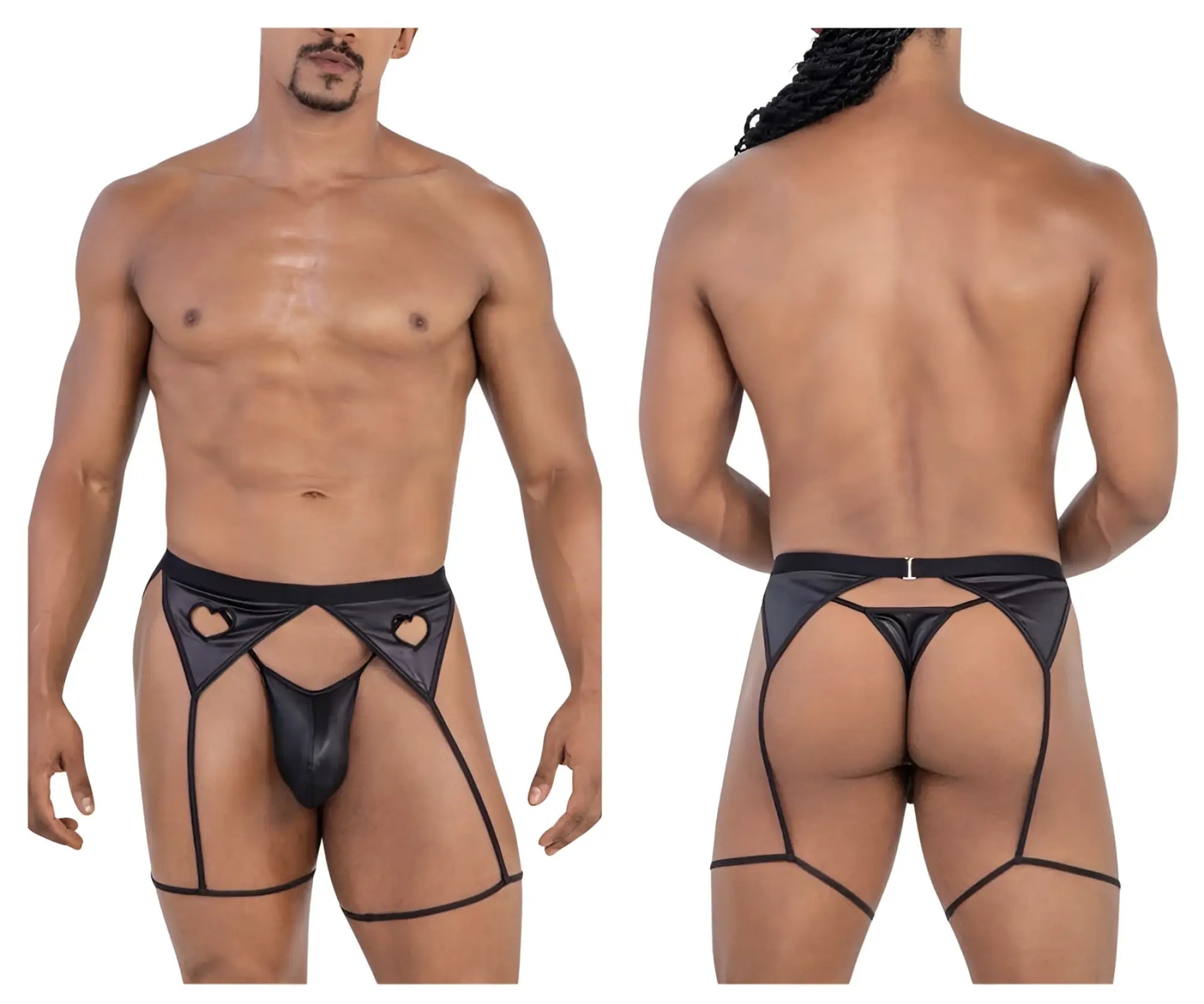 Black shiny faux leather thong with heart-shaped cutouts and matching leg straps from Candyman 99785 garter outfit