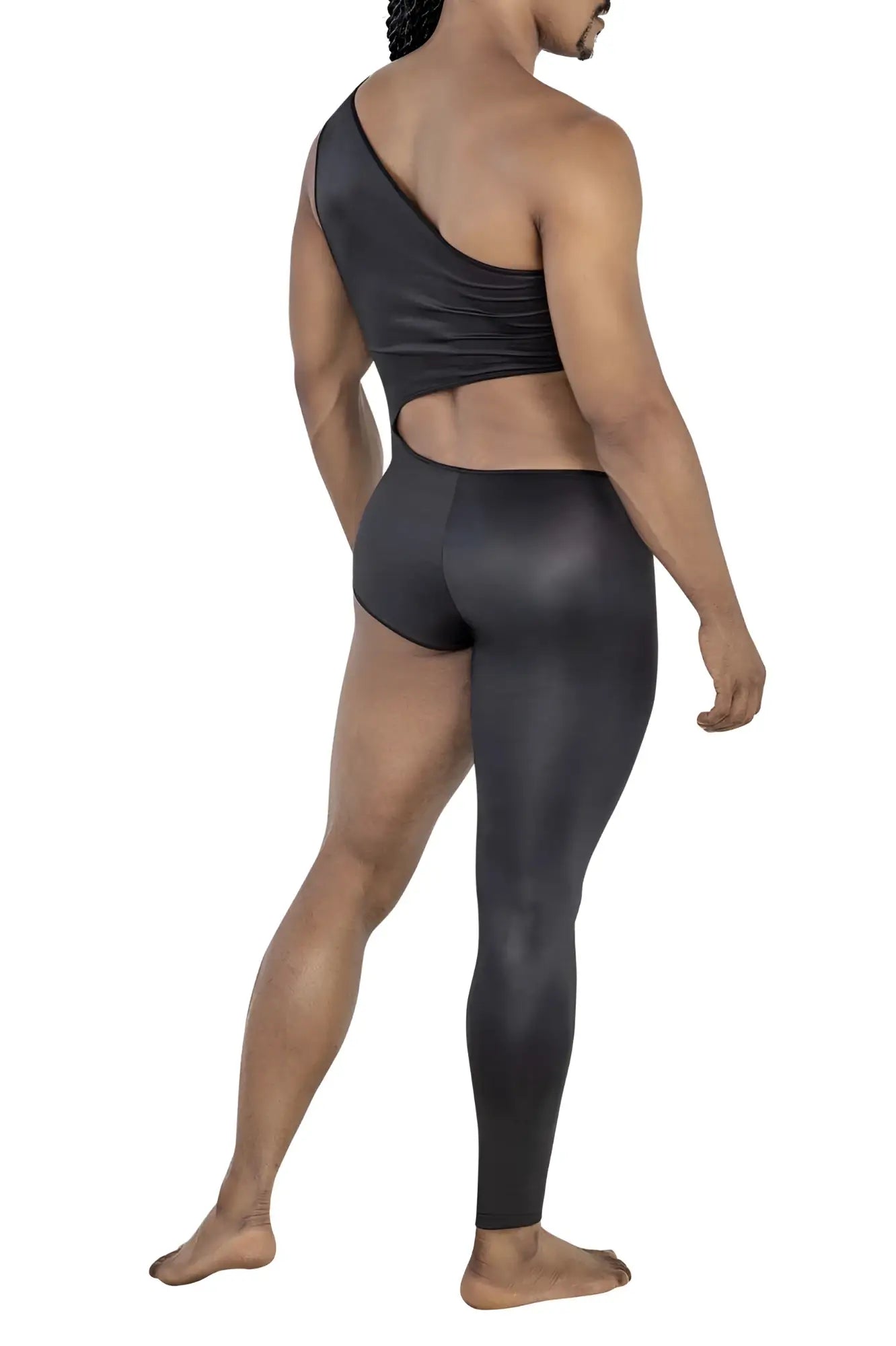 Back view of candy man 99786 black one-shoulder shiny stretchy bodysuit with cutout and matching high-waisted leggings
