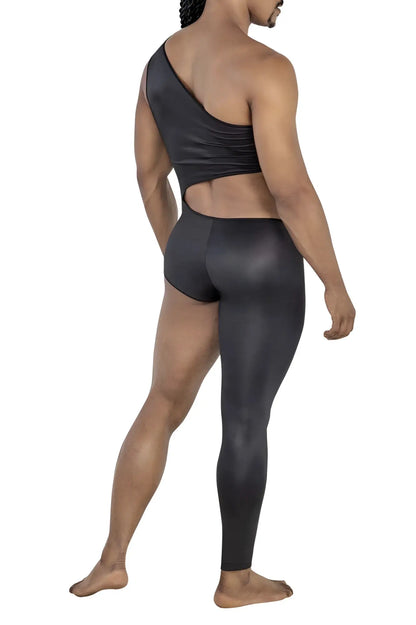 Back view of candy man 99786 black one-shoulder shiny stretchy bodysuit with cutout and matching high-waisted leggings