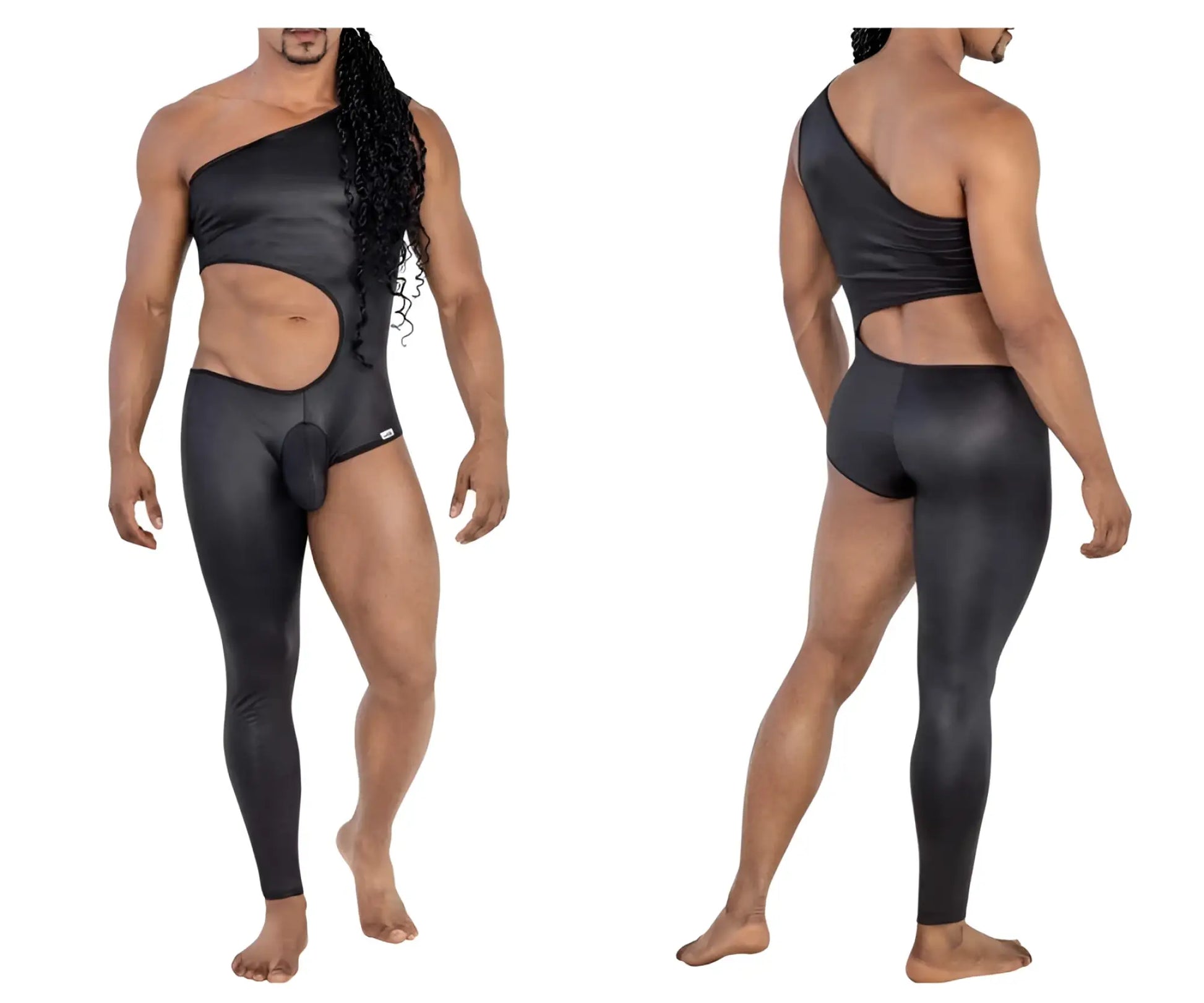 Black candyMan 99786 one shoulder one leg bodysuit with cutout side and matching leggings in form-fitting fabric