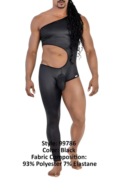 Black Candyman 99786 one shoulder one leg bodysuit with side cutout molded pouch made from polyester elastane