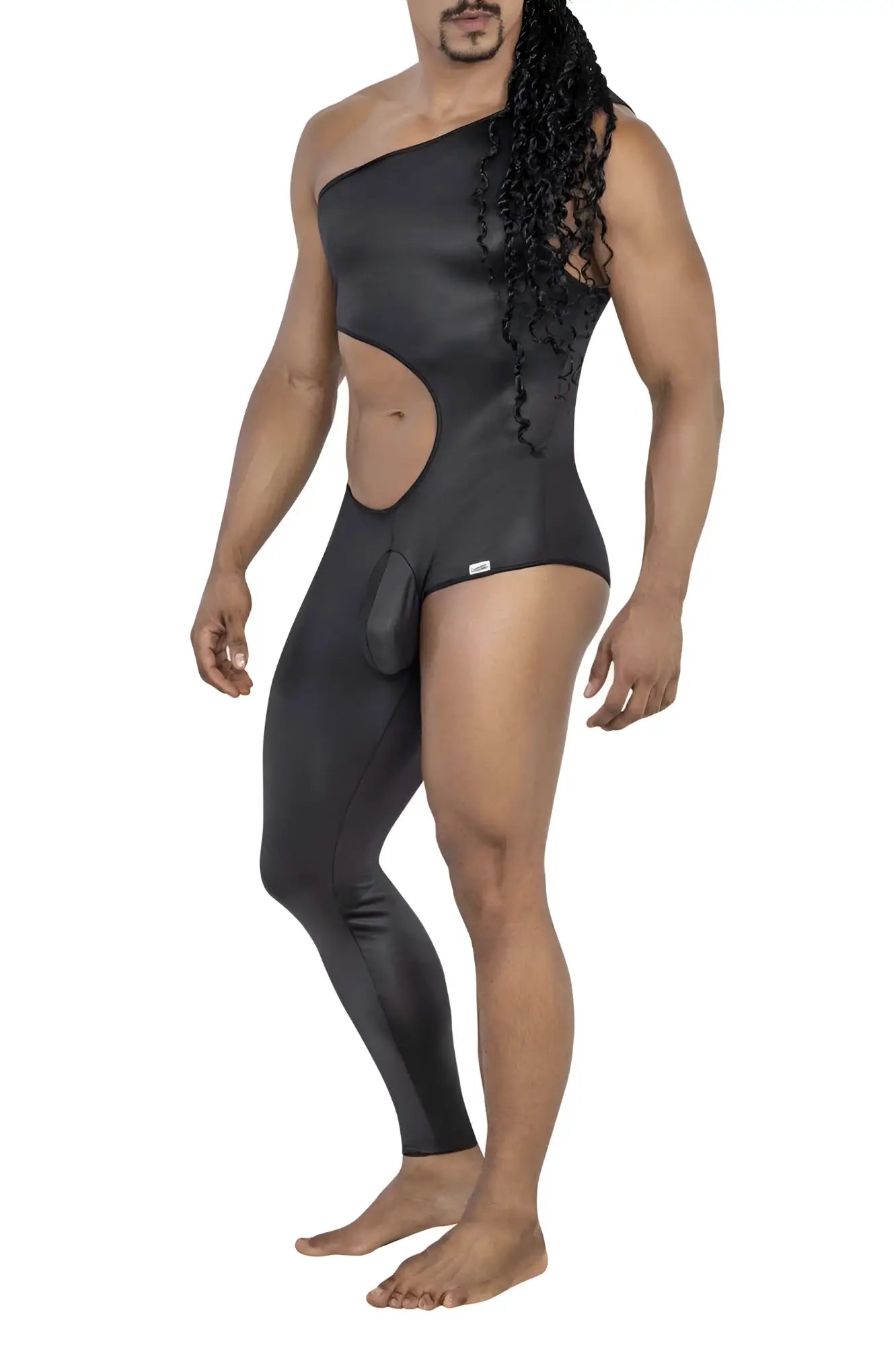 Black candyMan 99786 one shoulder bodysuit with side cutout and pouch detail in stretch fabric