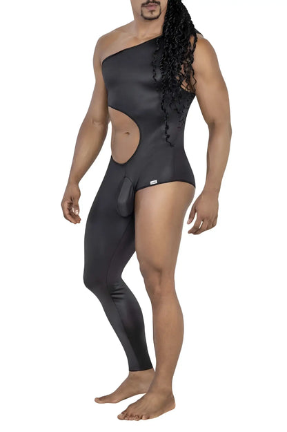 Black candyMan 99786 one shoulder bodysuit with side cutout and pouch detail in stretch fabric