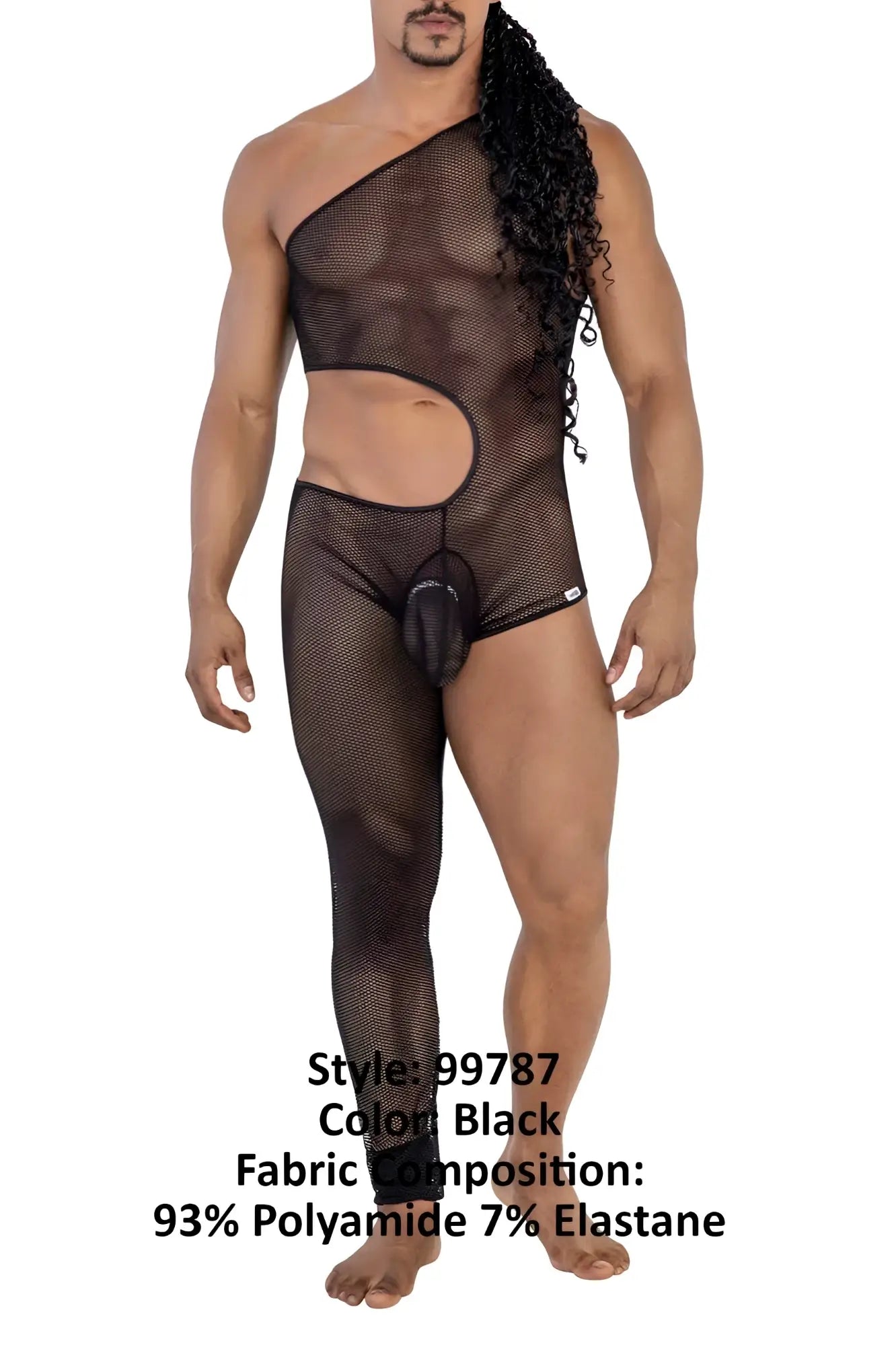 Black candyMan 99787 one shoulder mesh bodysuit with side cutout and integrated pouch for bold fashion looks