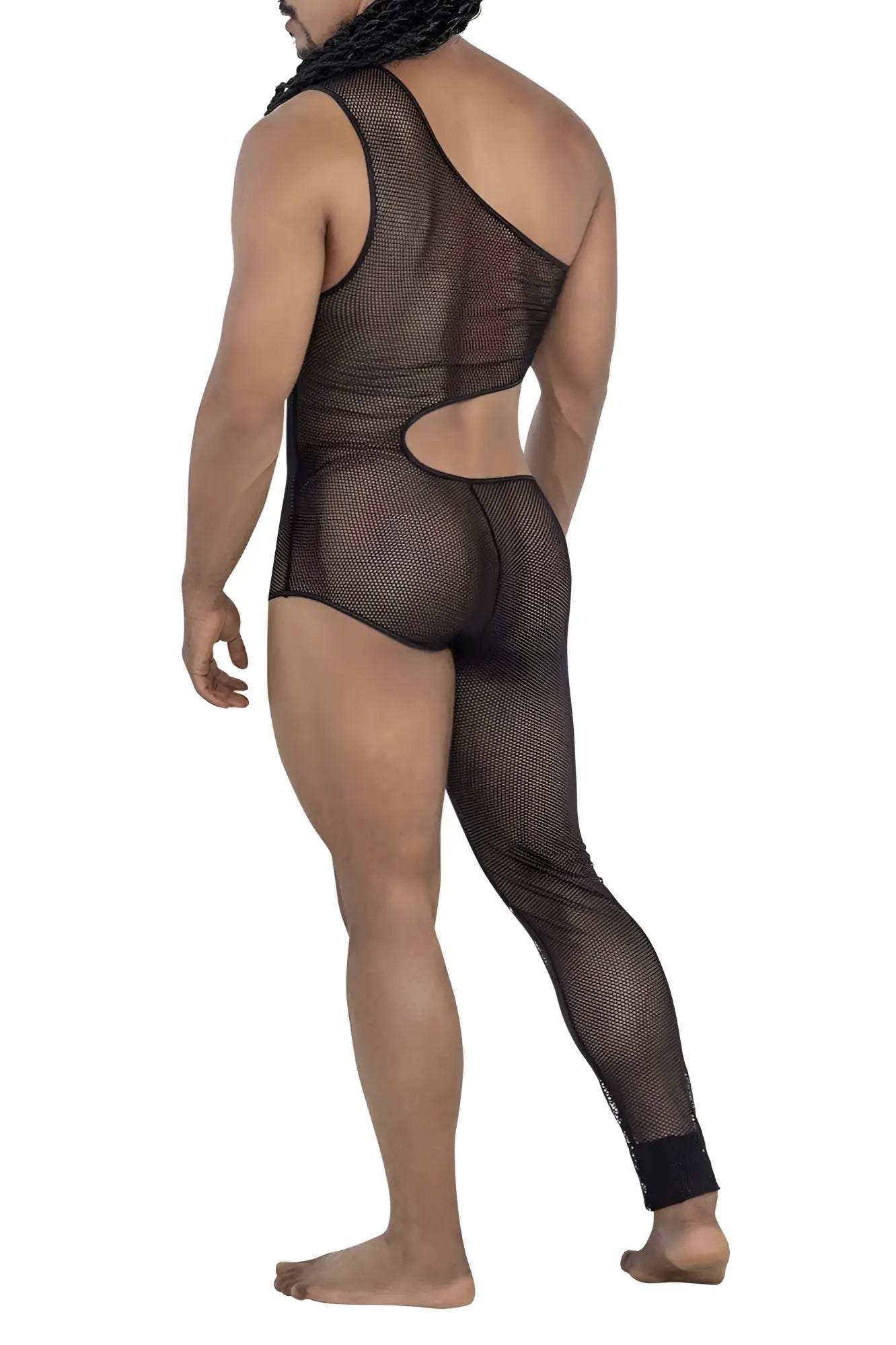 Black mesh candyMan 99787 one shoulder one leg bodysuit with back cutout and solid black cuffs shown from back side