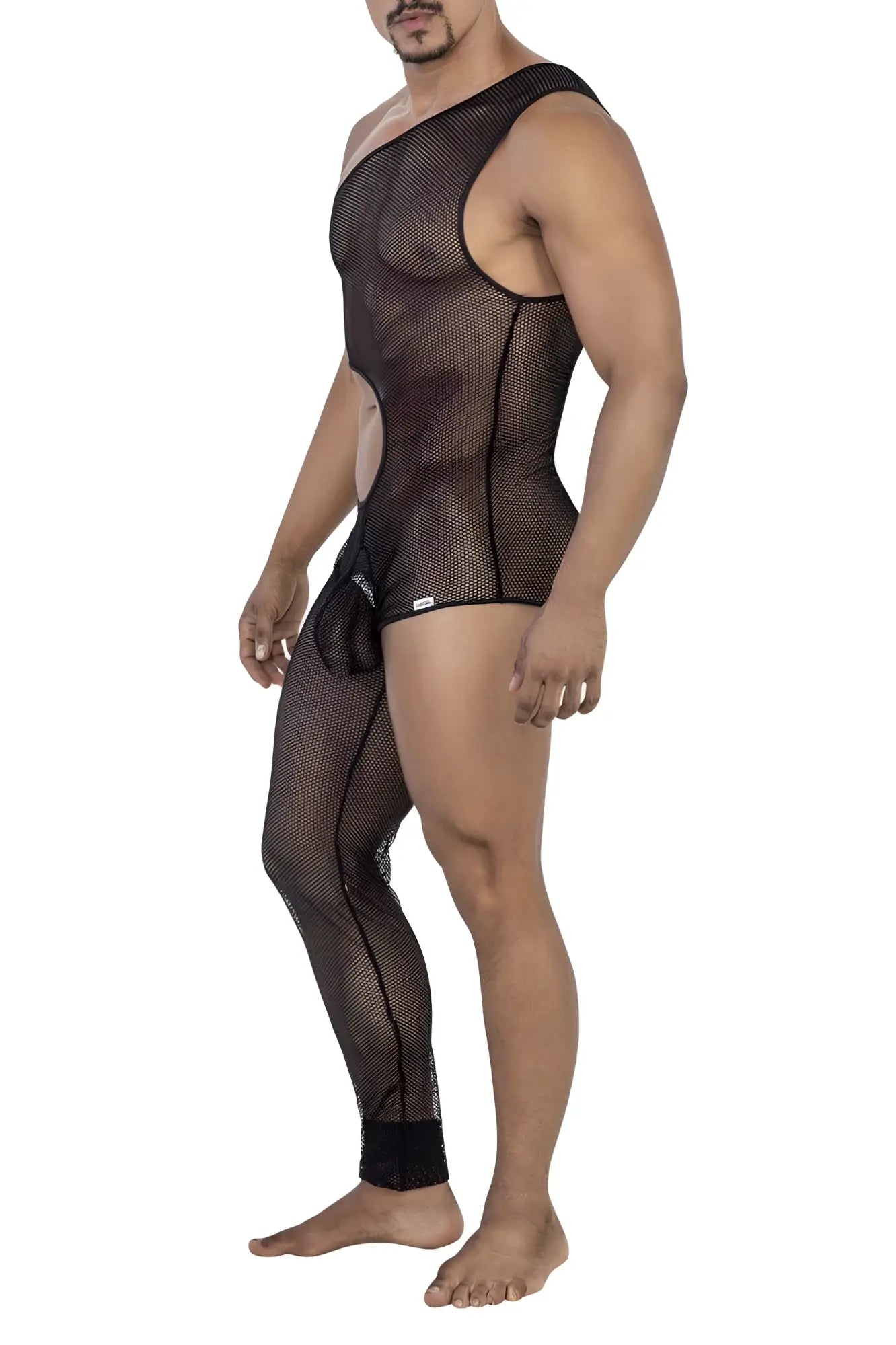 Black mesh candy man 99787 one shoulder one leg bodysuit with side cutouts and single strap