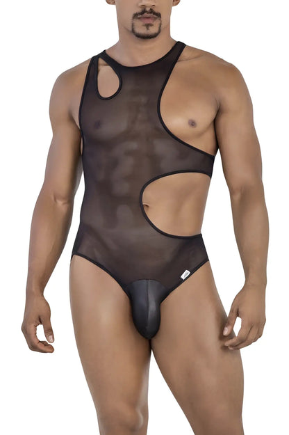 Black CandyMan 99788 mesh bodysuit featuring sheer fabric, bold cutout design, and solid black briefs