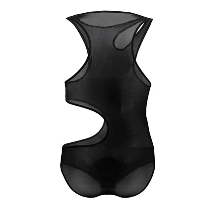 Black sheer mesh bodysuit by candyman with cut-out design in black for stylish lingerie wear