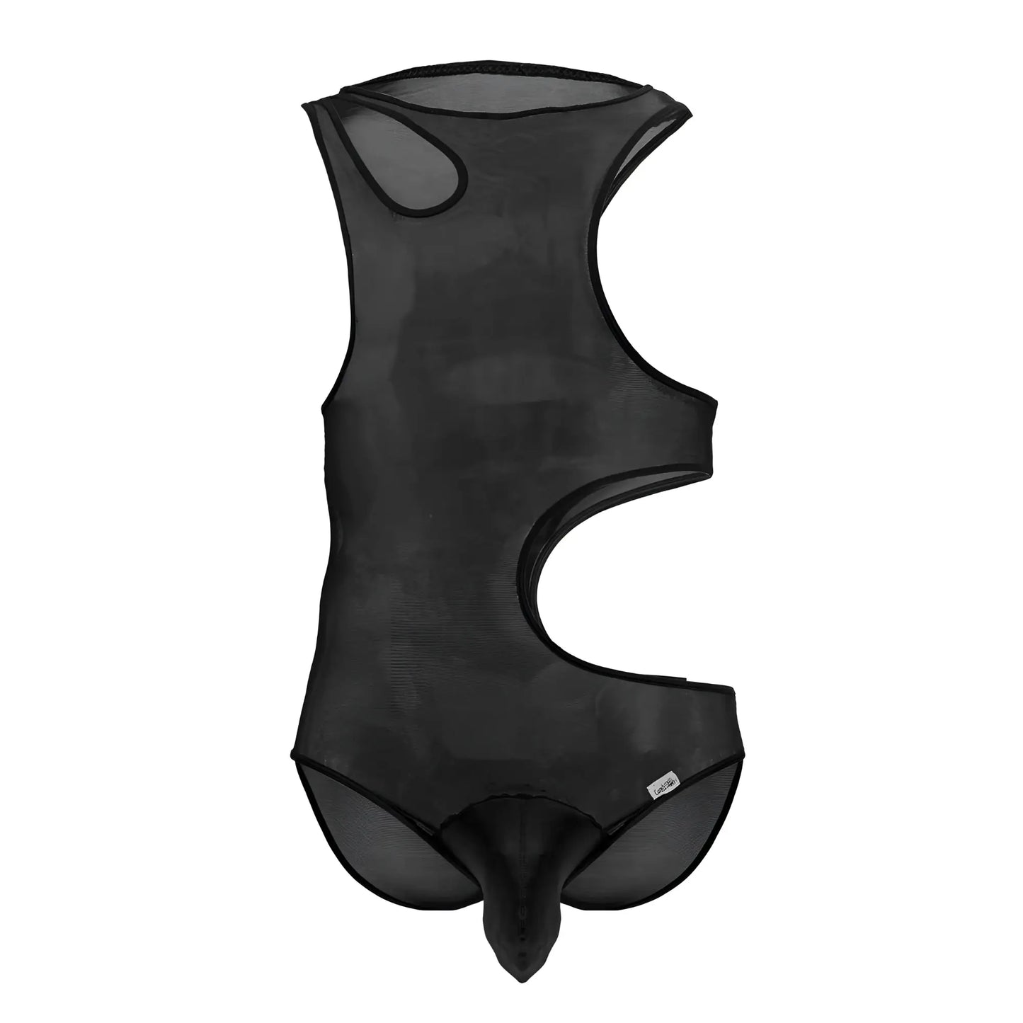 Black sheer mesh CandyMan 99788 bodysuit with cut-out design in a sleek, form-fitting style