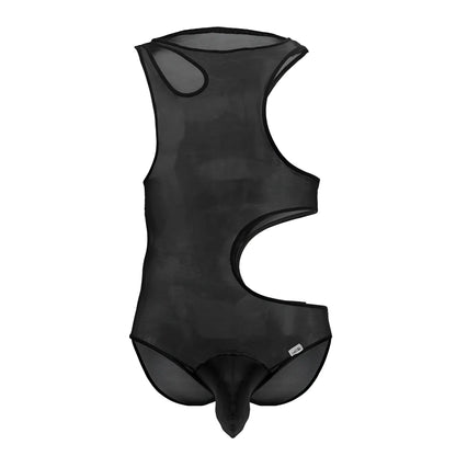 Black sheer mesh CandyMan 99788 bodysuit with cut-out design in a sleek, form-fitting style