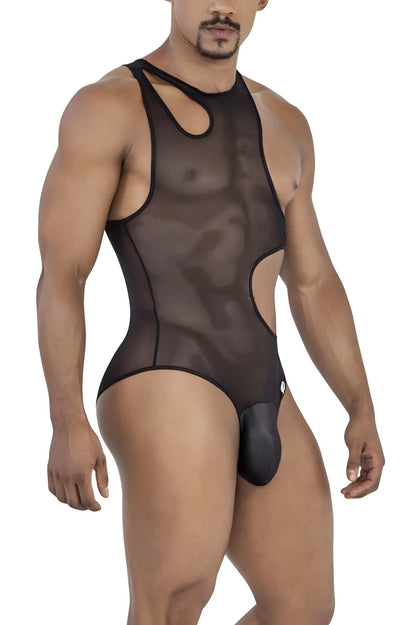Black candyMan 99788 mesh bodysuit one-piece with sheer cutouts and solid front pouch detailing