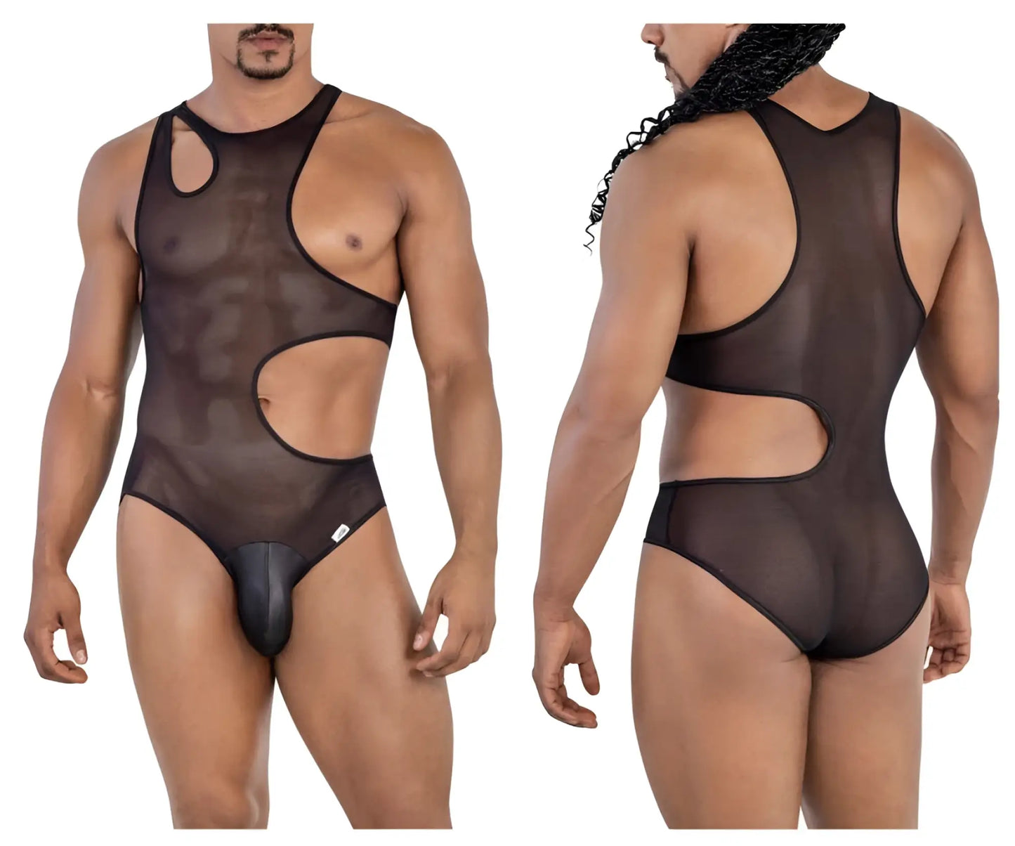 Black sheer mesh one-piece bodysuit candyman 99788 with cutout details and solid black brief-style bottom