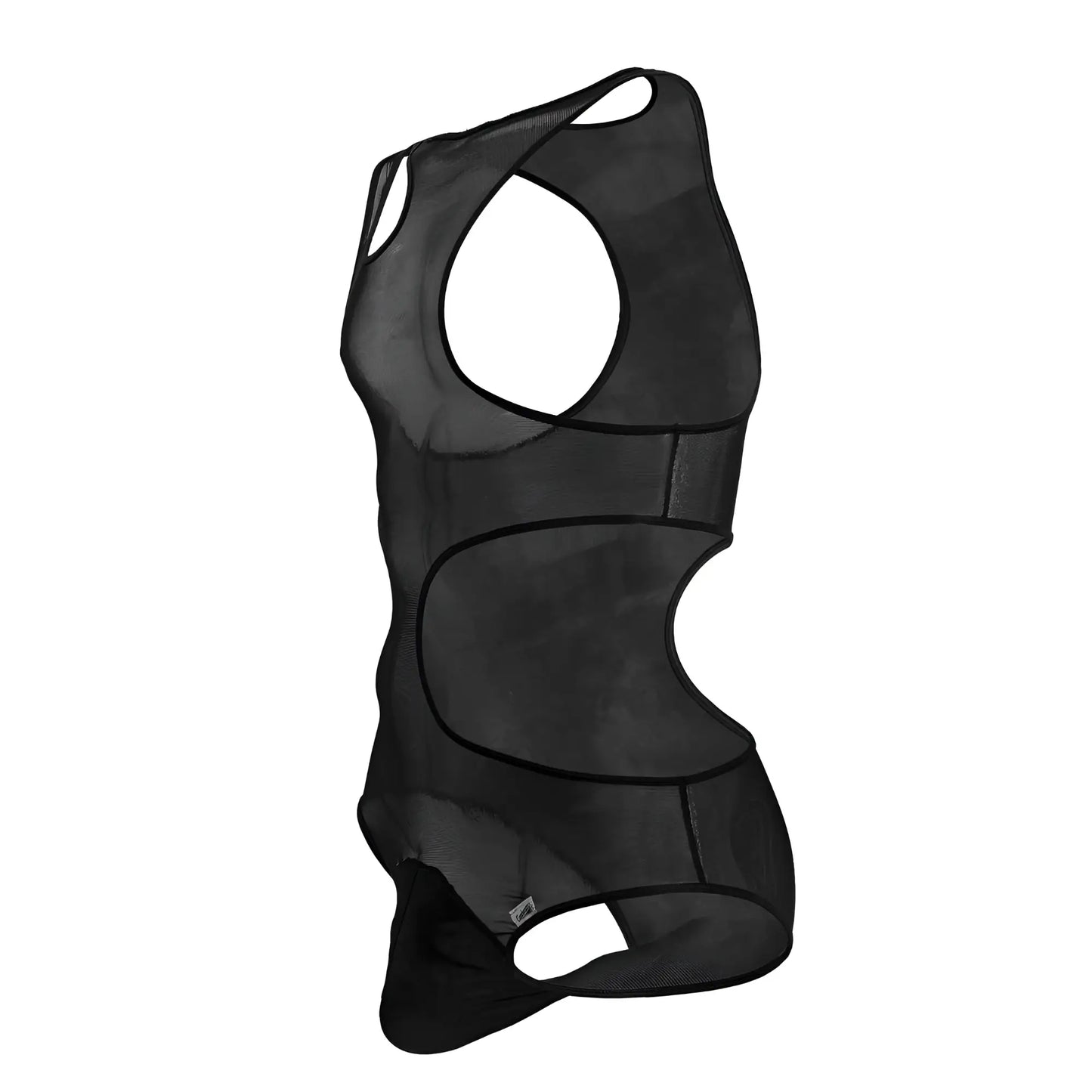 Black mesh tank top with cut-out design from candyman 99788 mesh bodysuit in black showing front view