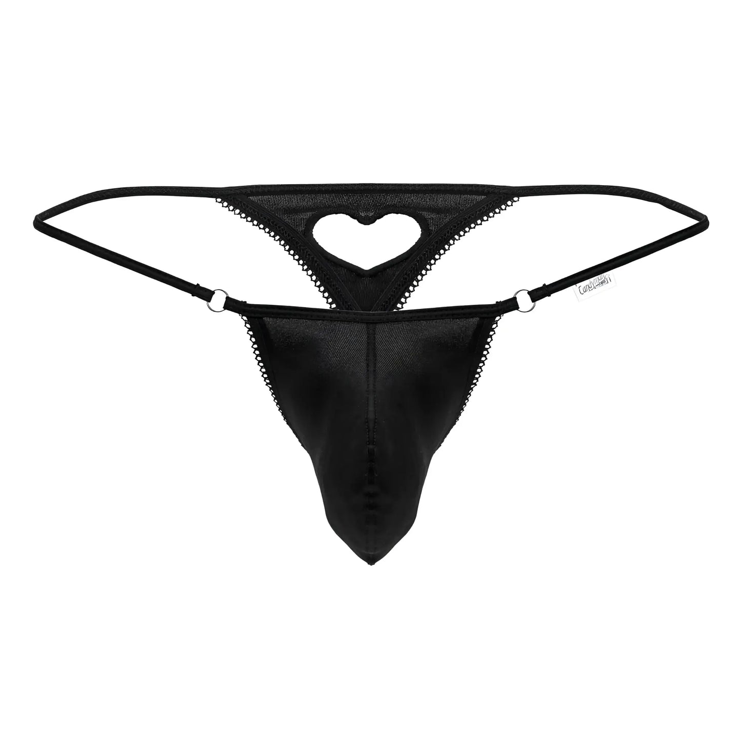 Black CandyMan 99789 mesh thong with lace trim featuring a heart-shaped cutout for intimate wear