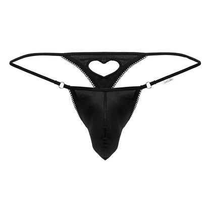 Black CandyMan 99789 mesh thong with lace trim featuring a heart-shaped cutout for intimate wear
