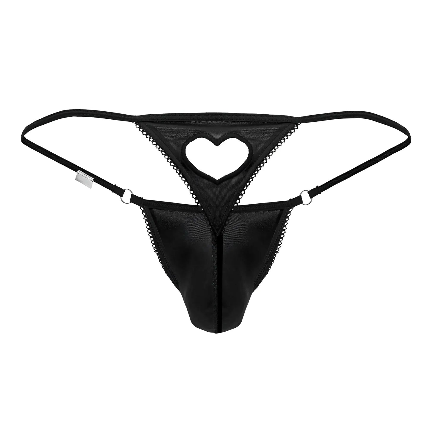 Black CandyMan 99789 heart thong with lace trim and heart-shaped cutout showing the front side