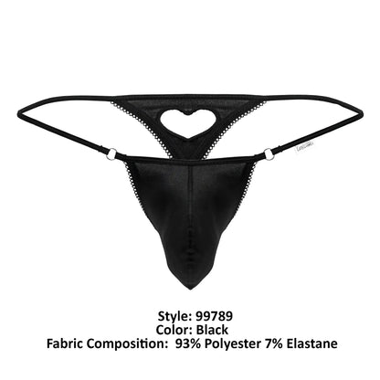 Black candyMan 99789 thong with heart-shaped cutout and lace trim showing the back side of the product