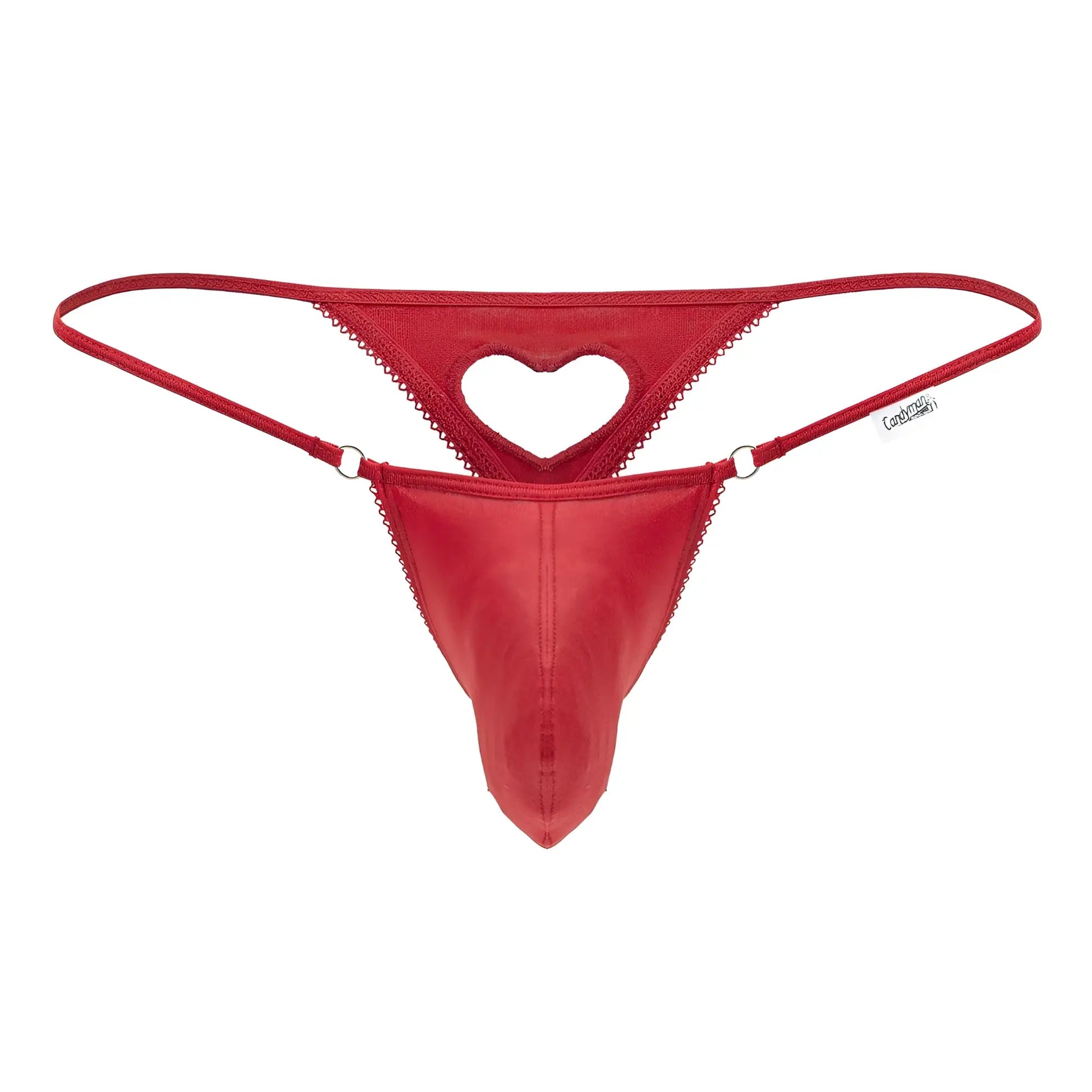 Red heart-cut thong by Candyman made of smooth satin with scalloped edges and thin adjustable straps in red