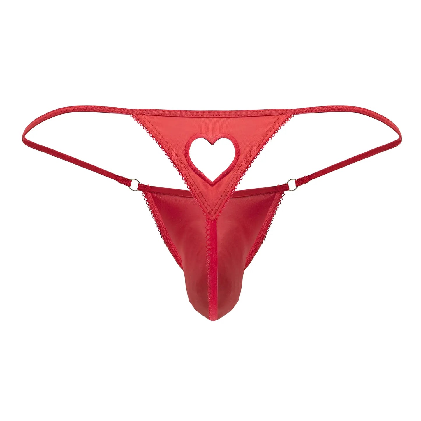 Red heart-cut thong by candyman made of smooth satin-like fabric with delicate lace trim edges in red
