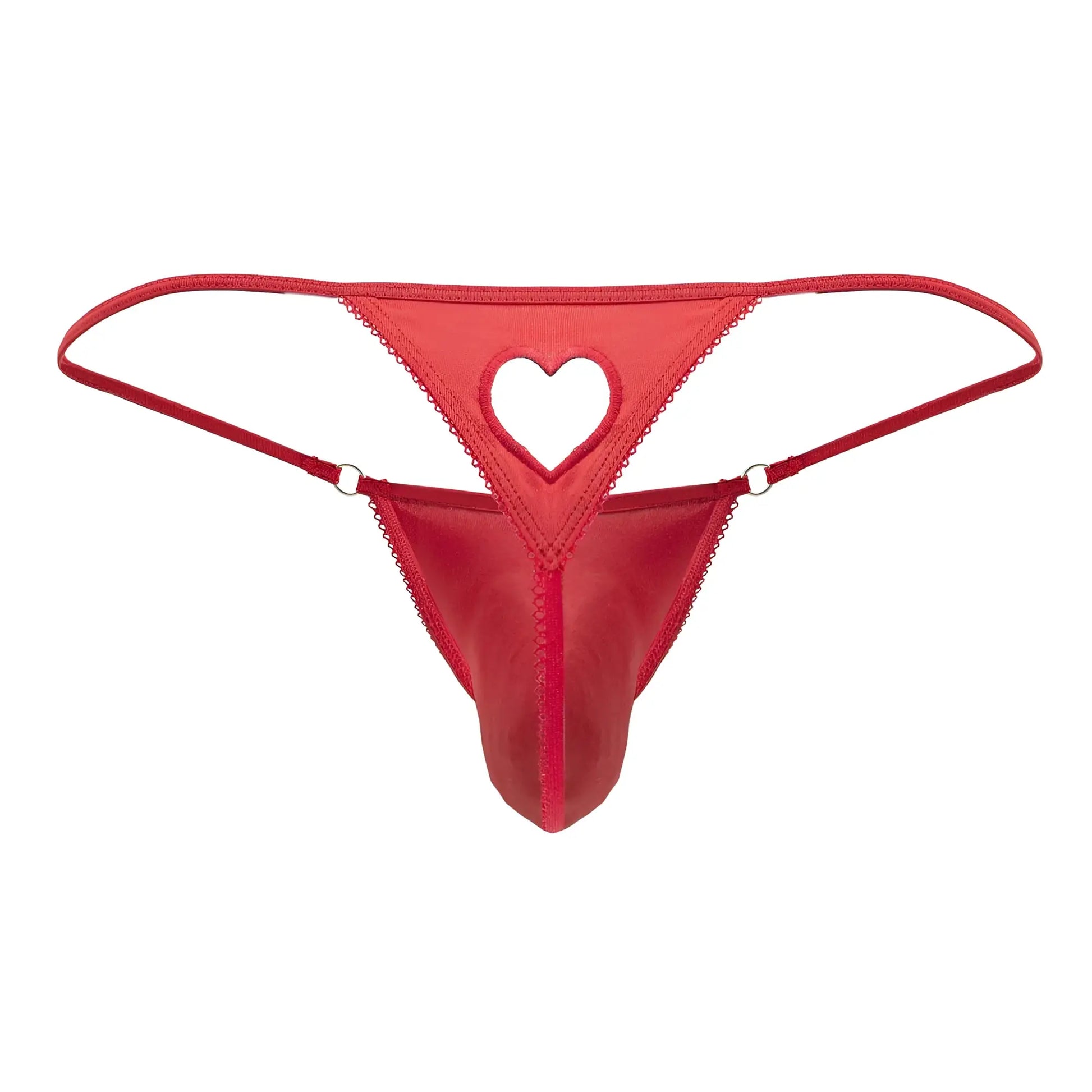Red heart-cut thong by candyman made of smooth satin-like fabric with delicate lace trim edges in red