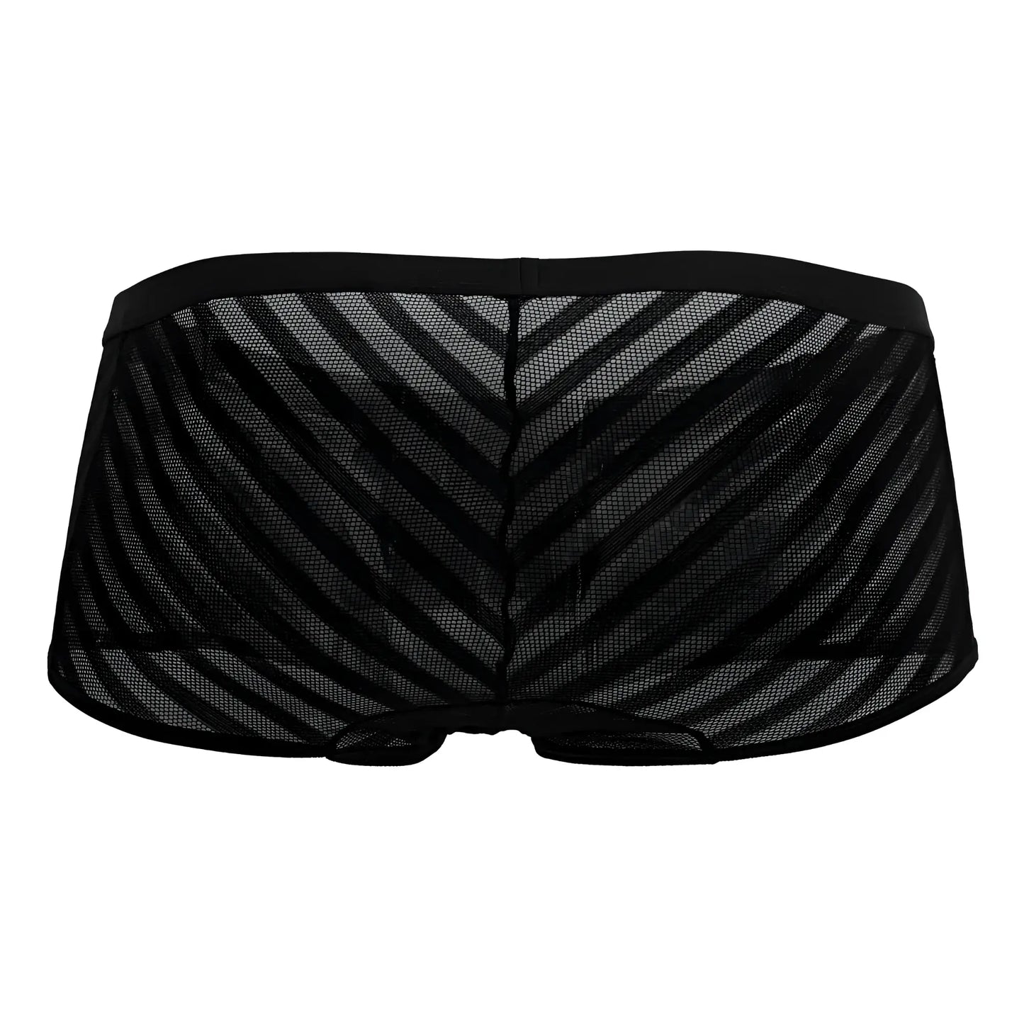 Black mesh CandyMan 99790 trunks with diagonal striped pattern and solid black waistband for men