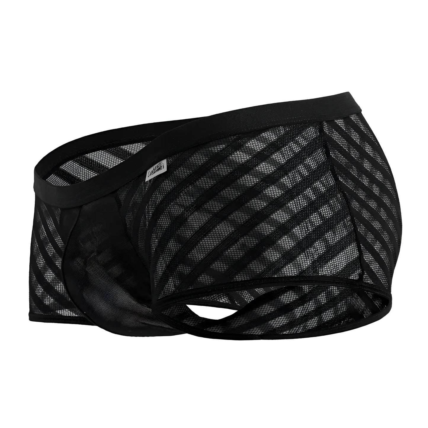 Candyman 99790 black mesh trunks with diagonal striped pattern and solid black elastic waistband for men