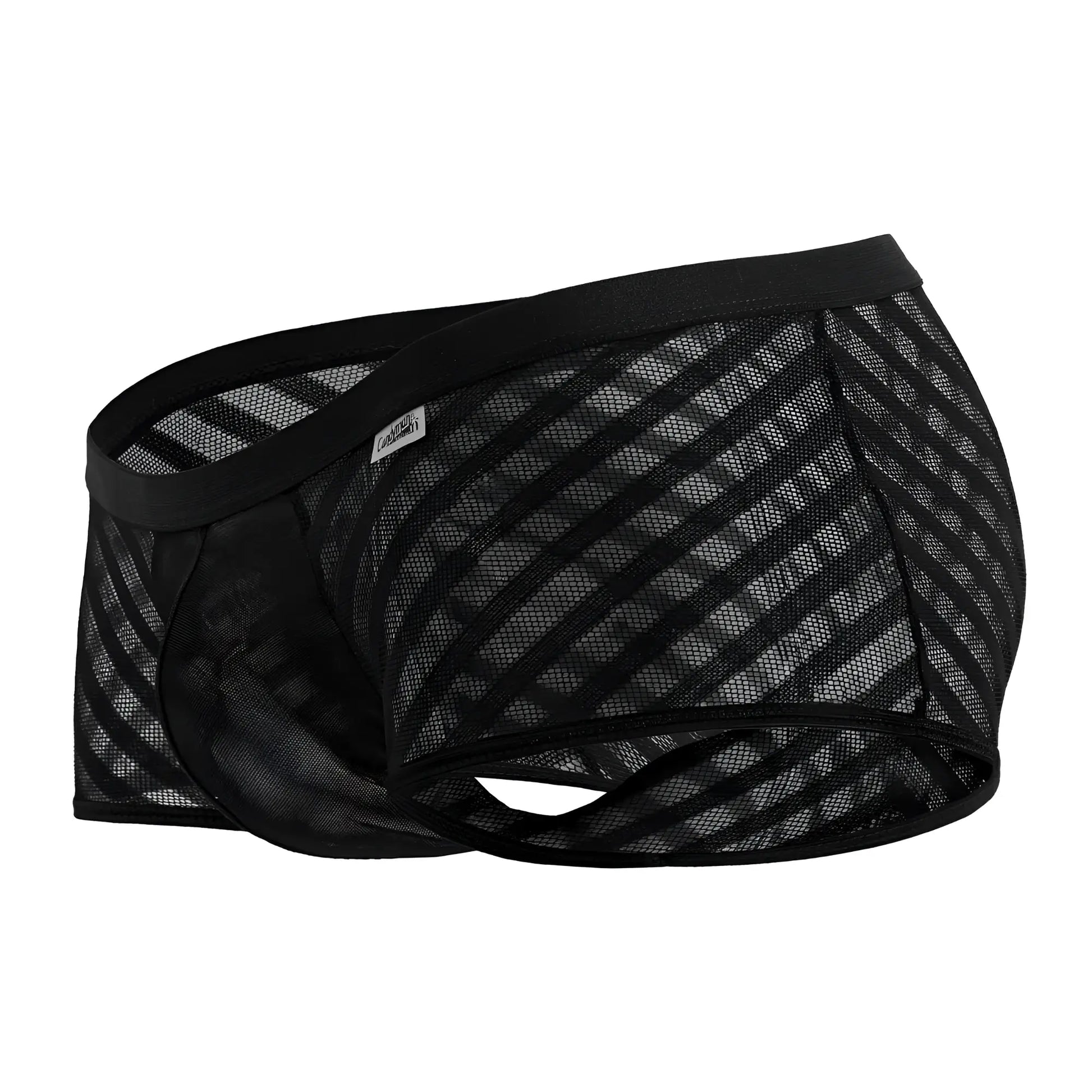 Candyman 99790 black mesh trunks with diagonal striped pattern and solid black elastic waistband for men