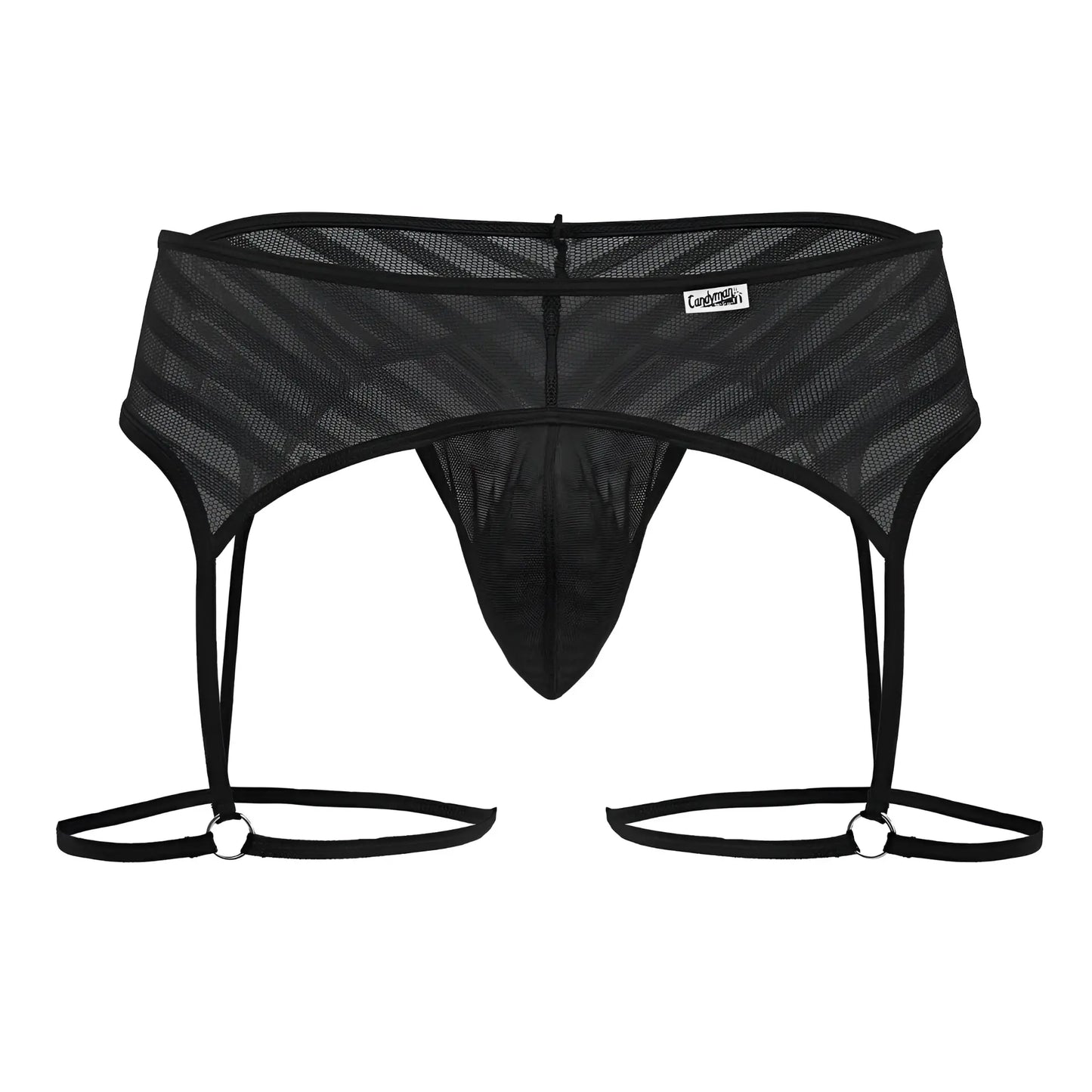 Black mesh men’s garter belt candy man 99792 with diagonal stripes and adjustable straps