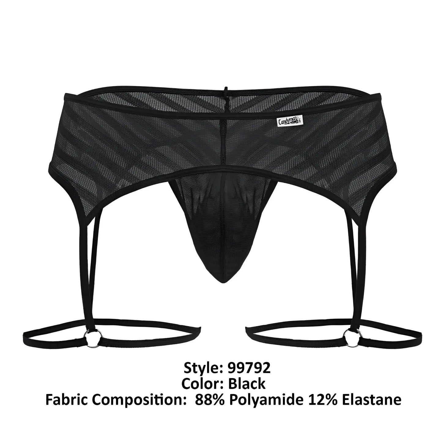 Black mesh men’s garter belt candyMan 99792 with diagonal striped pattern and adjustable straps