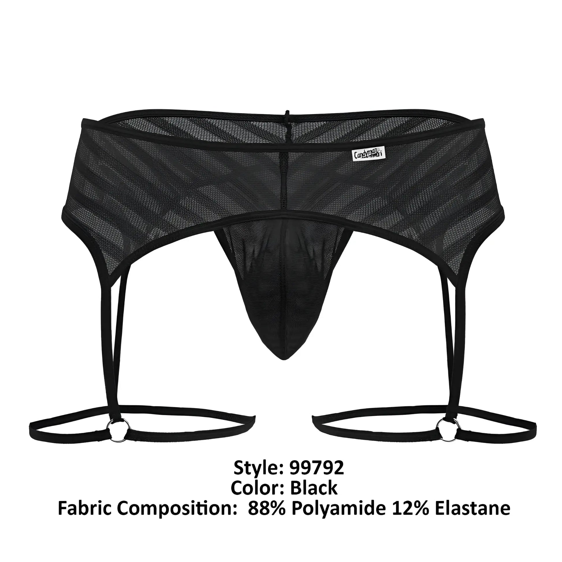 Black mesh men’s garter belt candyMan 99792 with diagonal striped pattern and adjustable straps