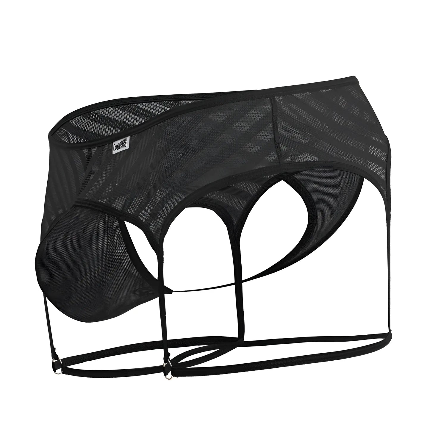 Candyman 99792 mesh garter thongs men’s underwear in black with supportive contoured design and adjustable straps