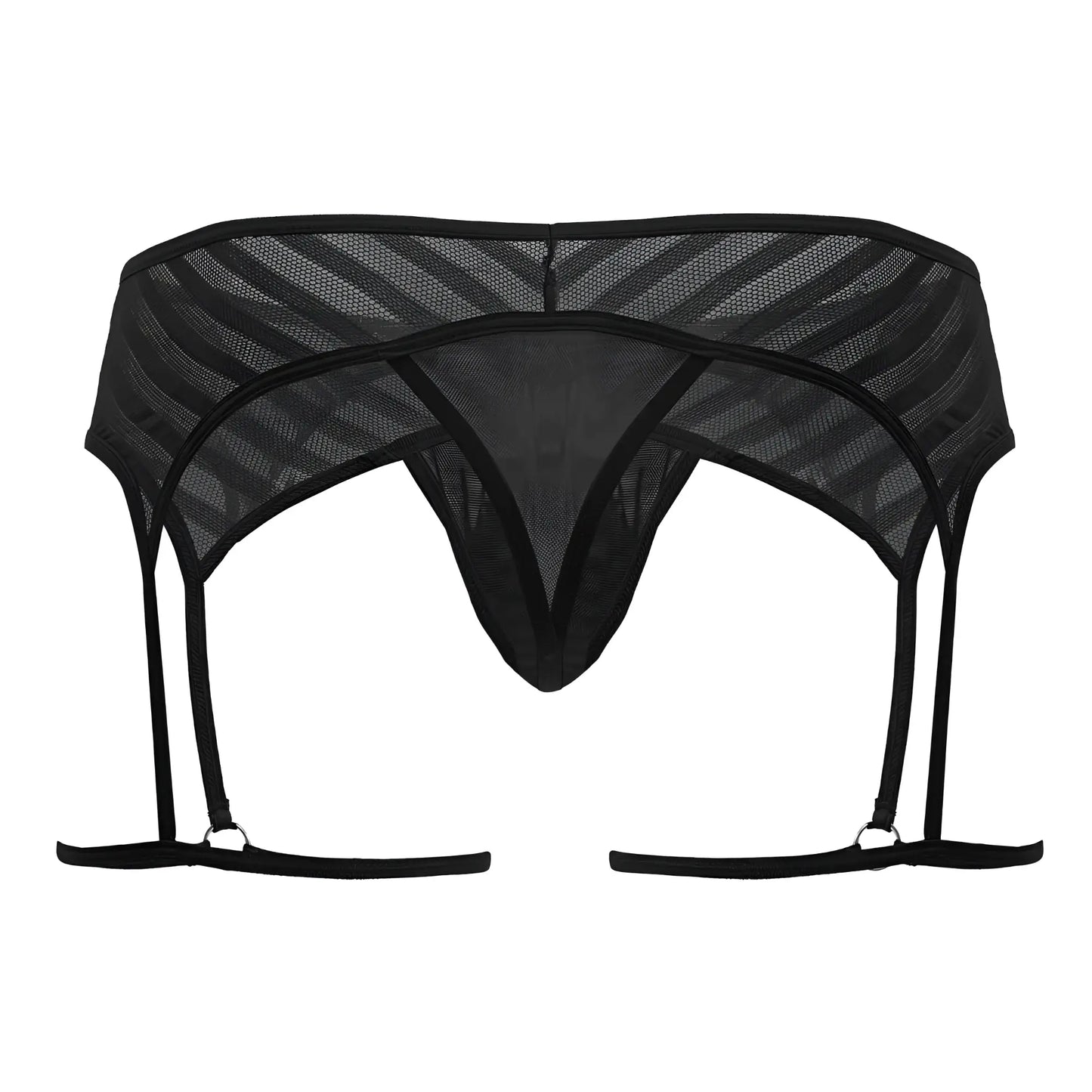 Black mesh CandyMan 99792 garter thong with four adjustable straps and central triangular design front view