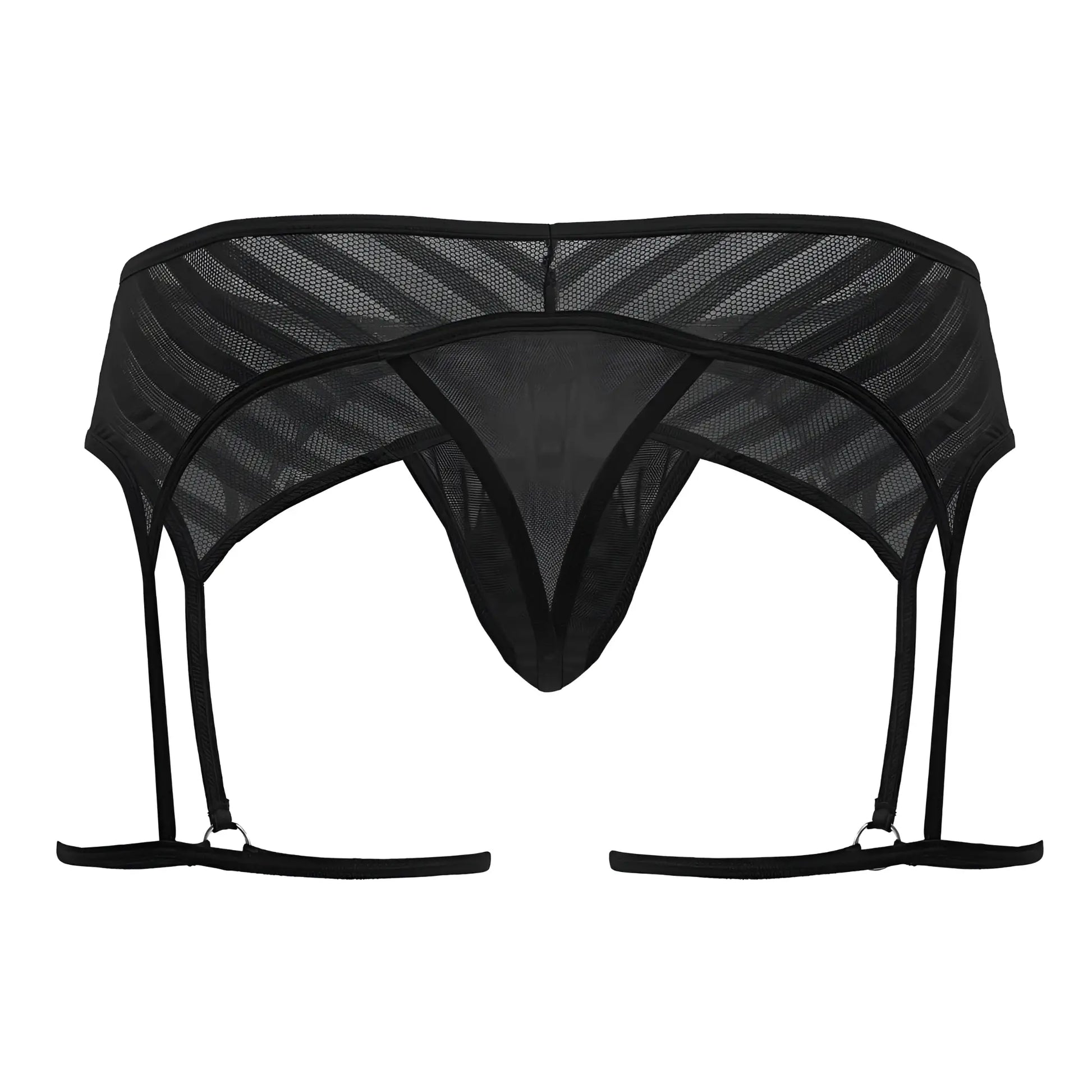 Black mesh CandyMan 99792 garter thong with four adjustable straps and central triangular design front view