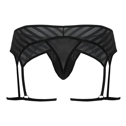Black mesh CandyMan 99792 garter thong with four adjustable straps and central triangular design front view