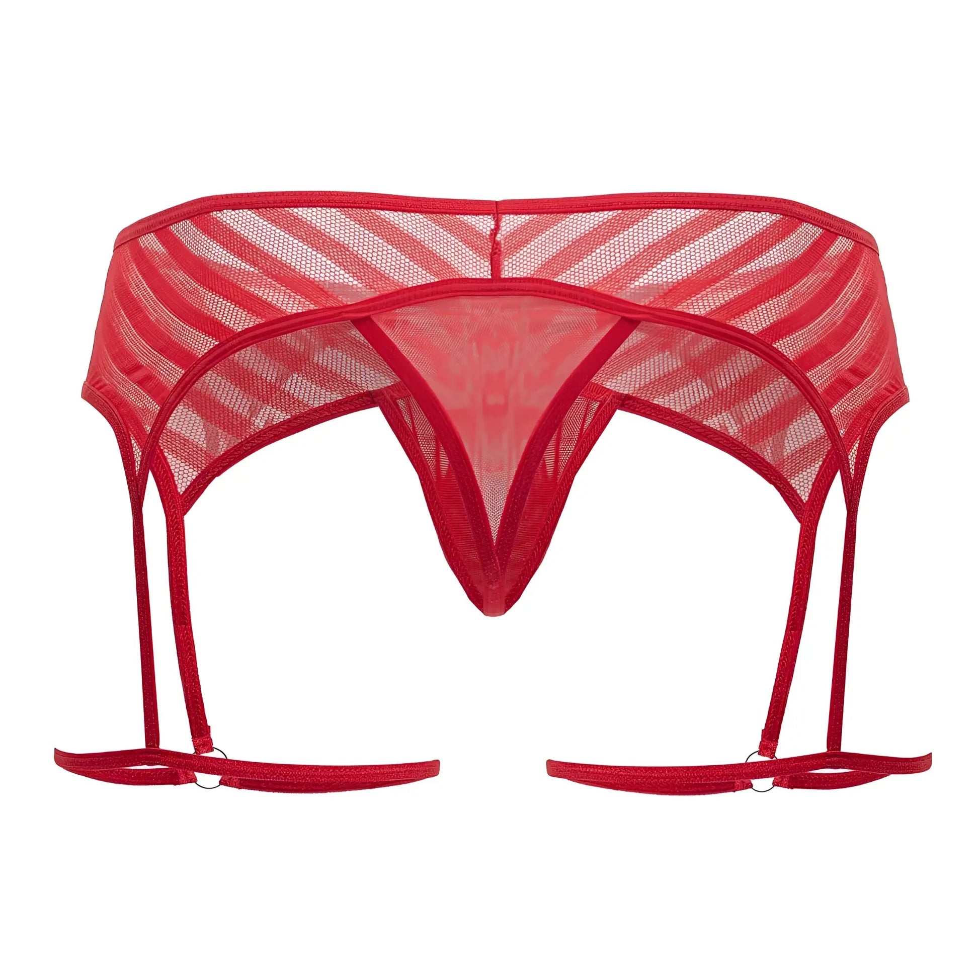 Red mesh CandyMan 99792 garter thongs with diagonal striped pattern and adjustable straps