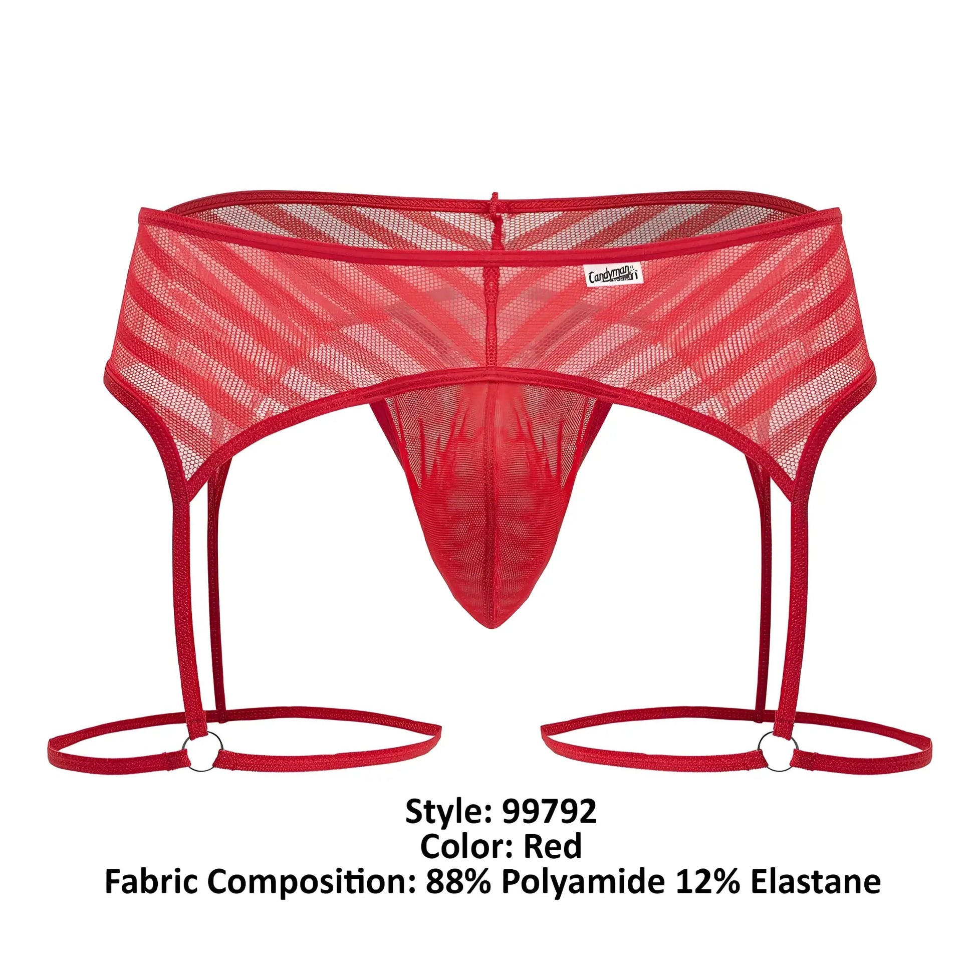 Red mesh garter belt with diagonal stripes and adjustable straps from candyman 99792 in vibrant red color