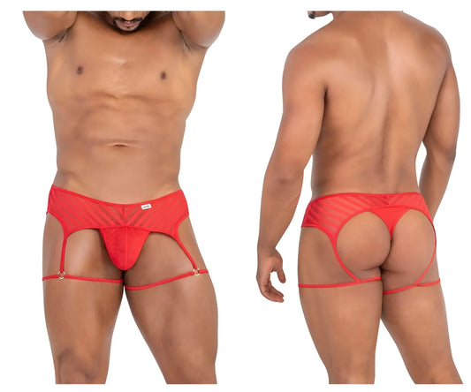 Red sheer mesh men’s briefs with garter straps and central pouch candyMan 99792 mesh garter thongs red