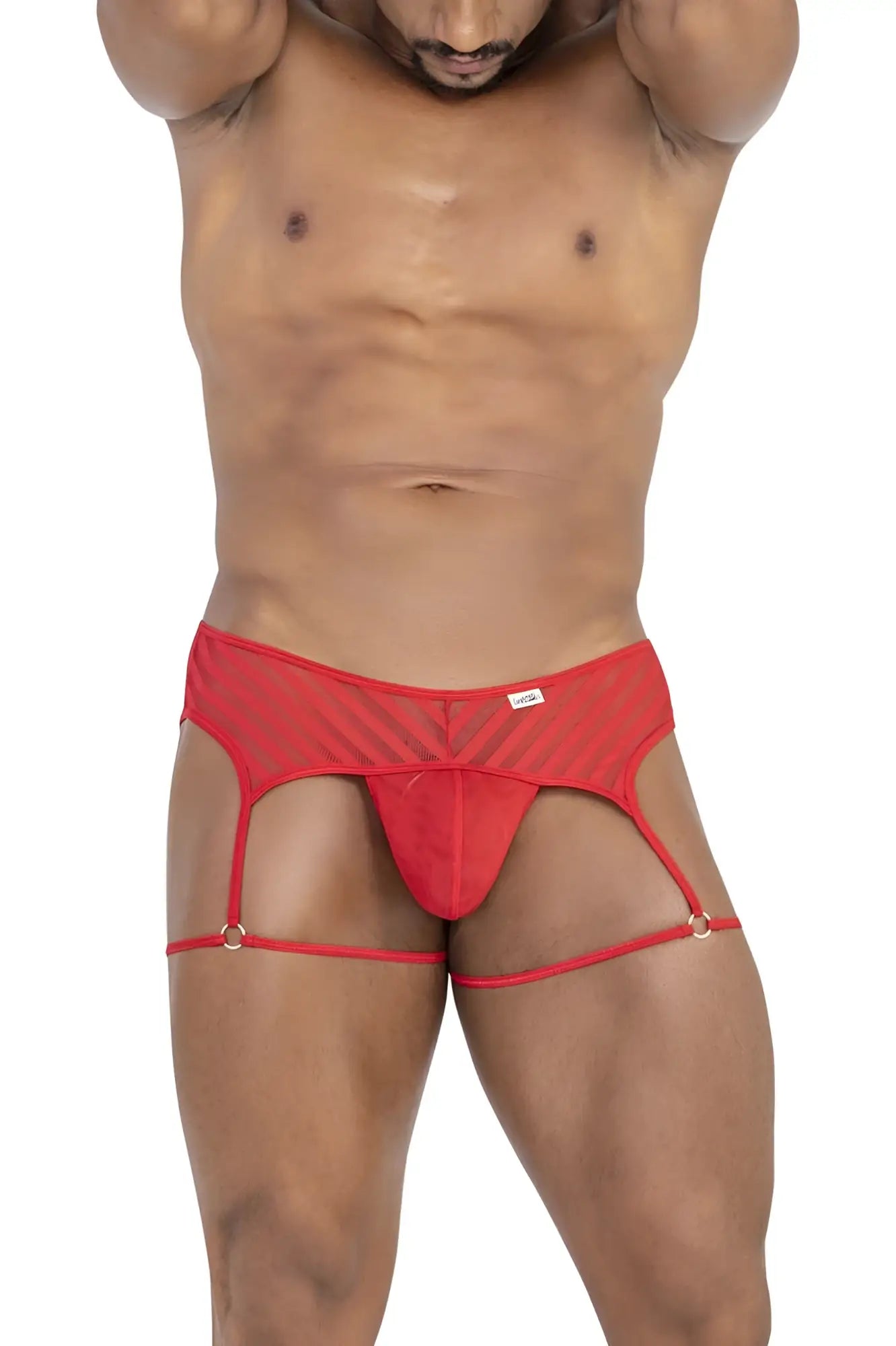 Candyman 99792 mesh garter thongs in red feature a solid front panel and adjustable leg straps for a secure fit